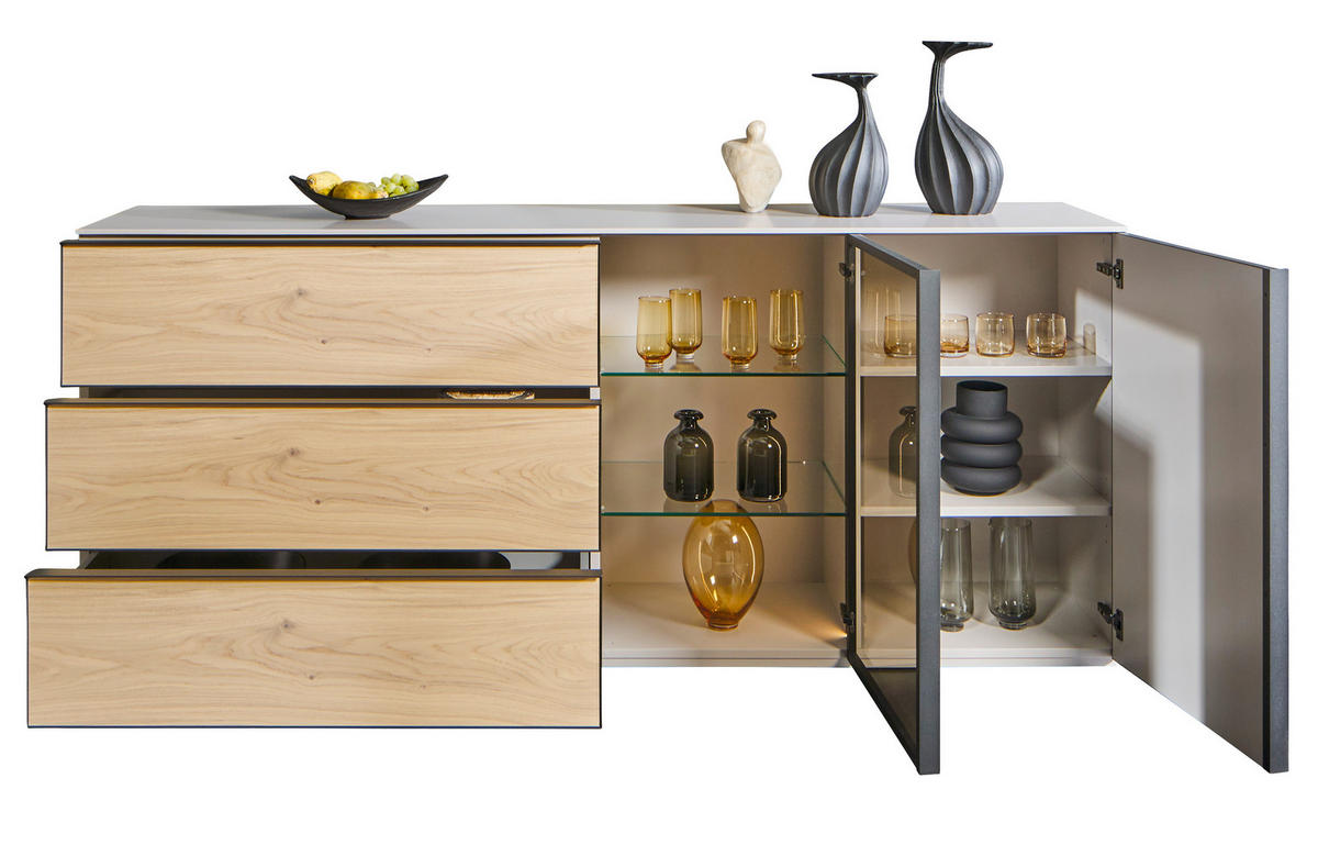 SIDEBOARD Beige, Eiche Bianco  210/90/45 cm  - Eiche Bianco/Beige, Design, Glas/Holz (210/90/45cm) - Ambiente