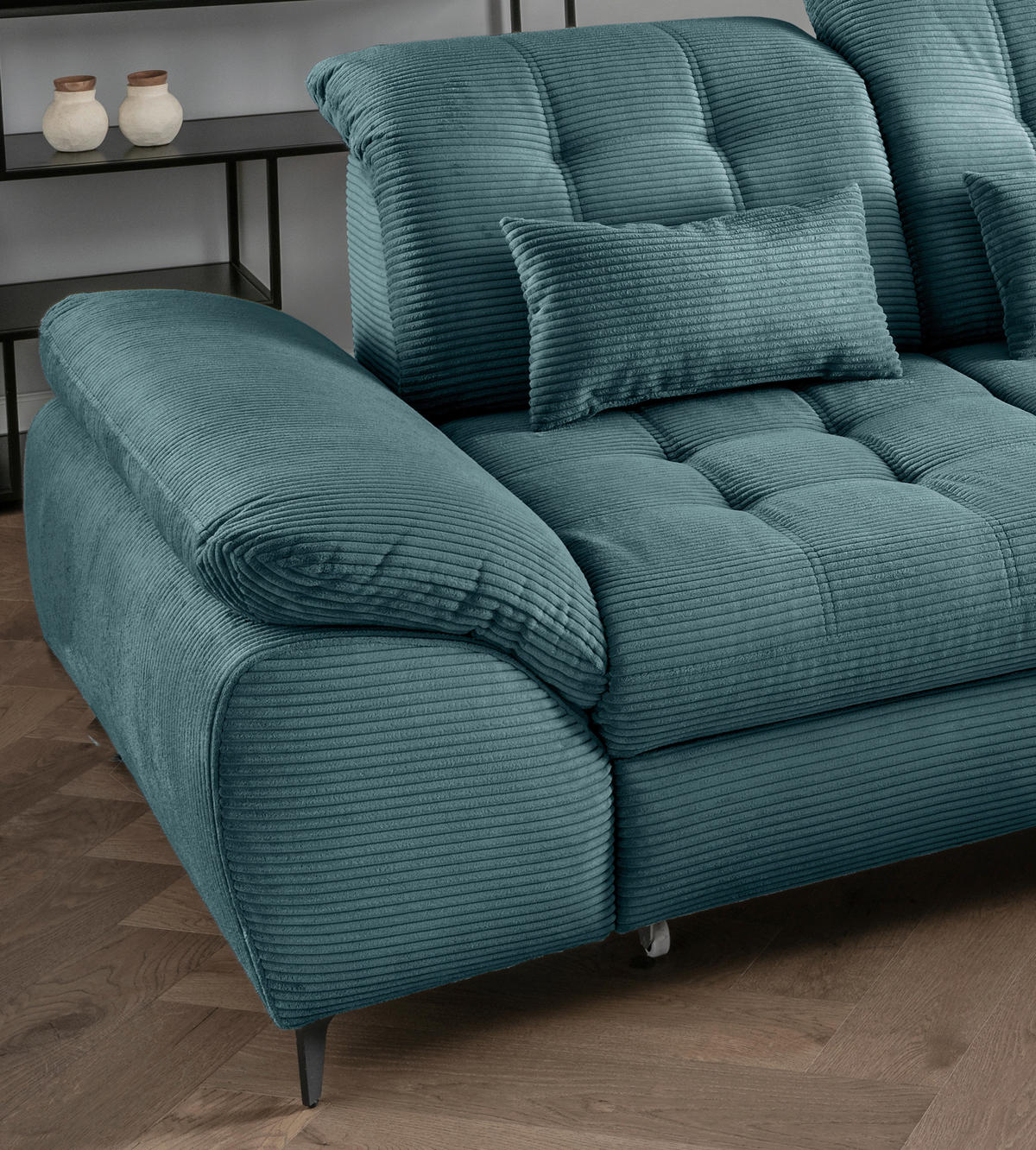ECKSCHLAFSOFA in Cord Petrol  - Petrol/Schwarz, Modern, Textil/Metall (273/189cm) - Livetastic