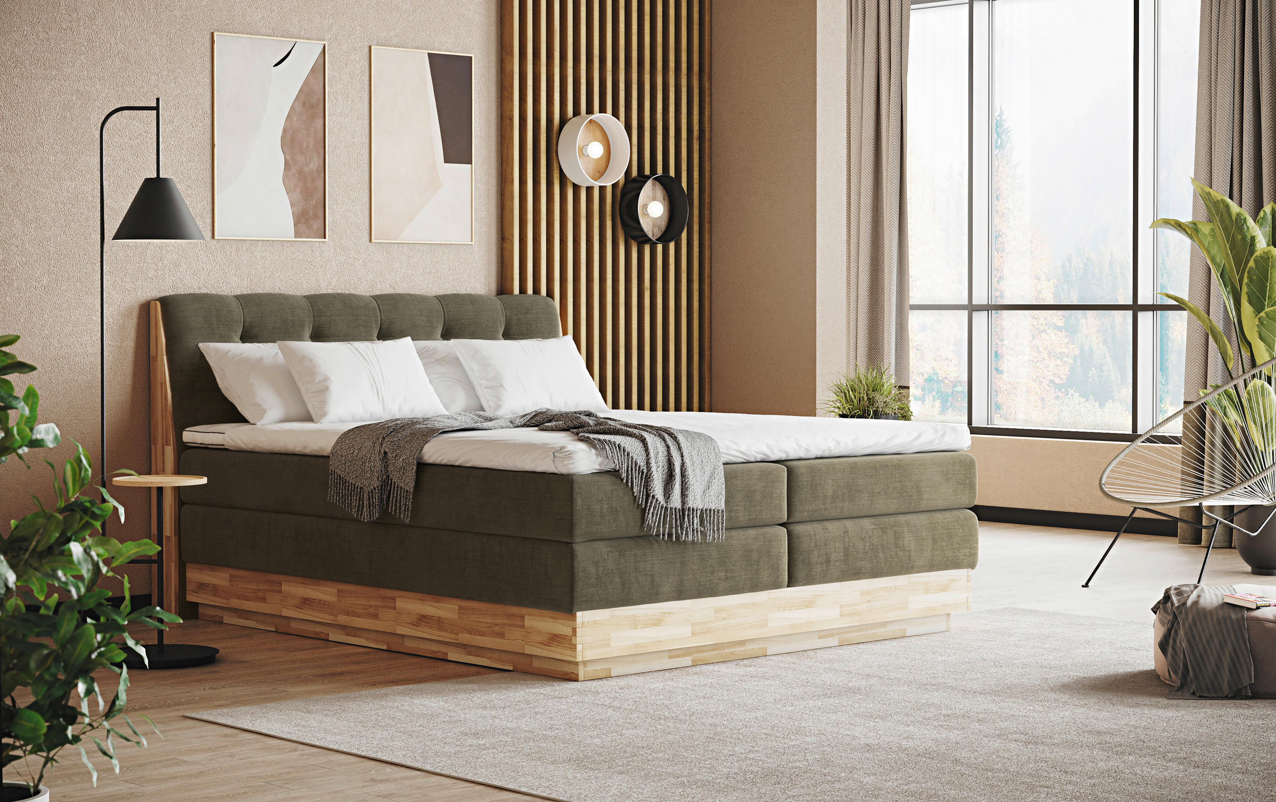 BOXSPRING-ÁGY 160/200 cm  zöld  - fekete/zöld, Natur, textil/fa (160/200cm)
