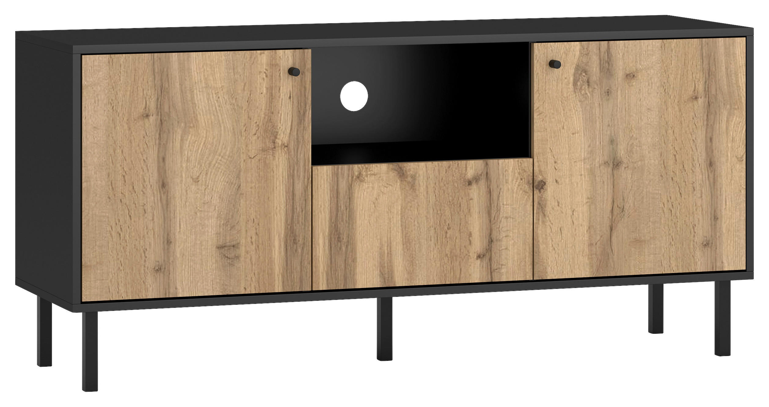 TV-ELEMENT Schwarz, Eiche Wotan  - Eiche Wotan/Schwarz, Design, Kunststoff/Metall (140/65/42cm) - MID.YOU