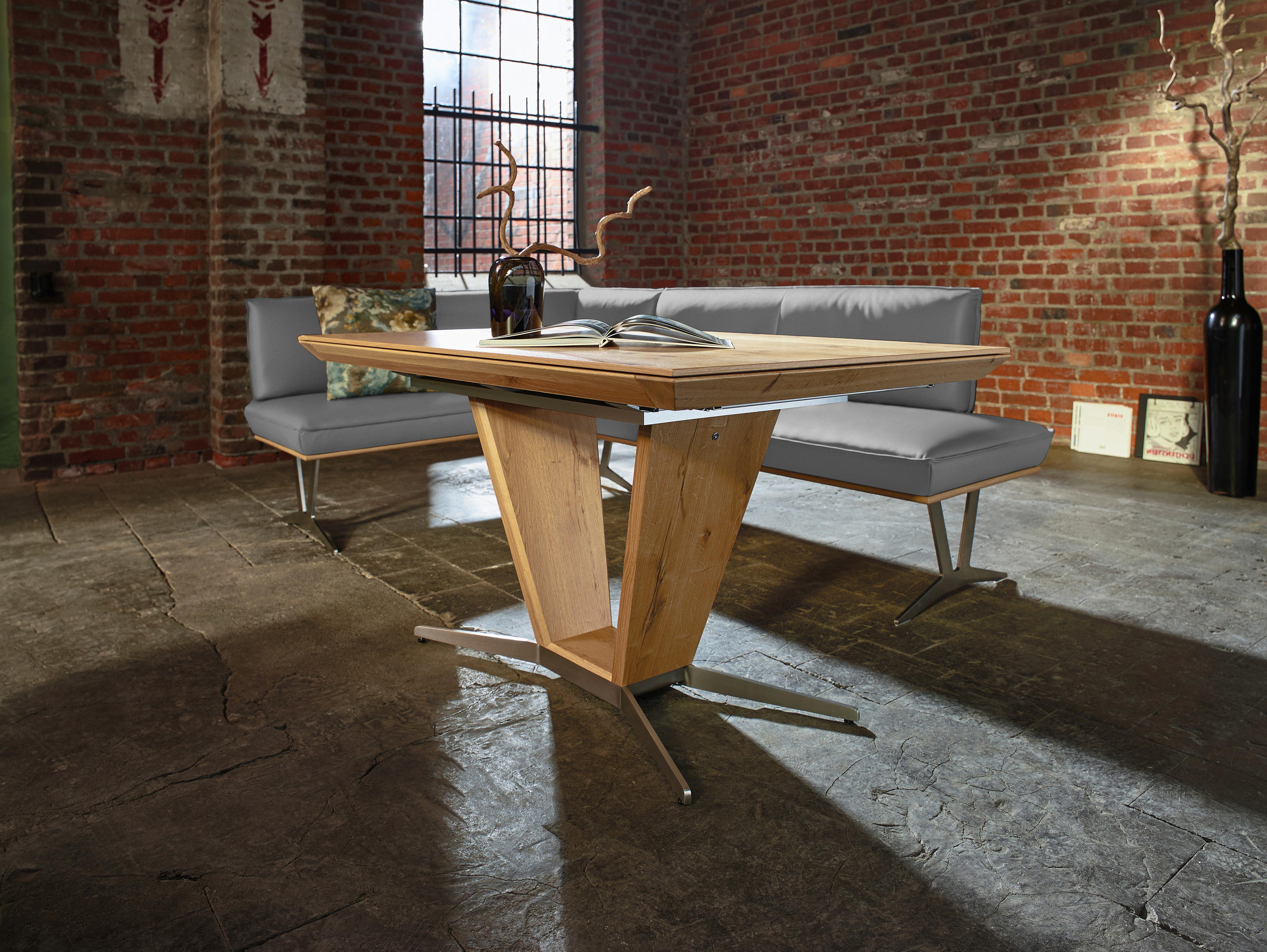 ECKBANK in Holz, Metall, Leder Grau  - Edelstahlfarben/Beige, Design, Leder/Holz (162/237cm) - Ambiente