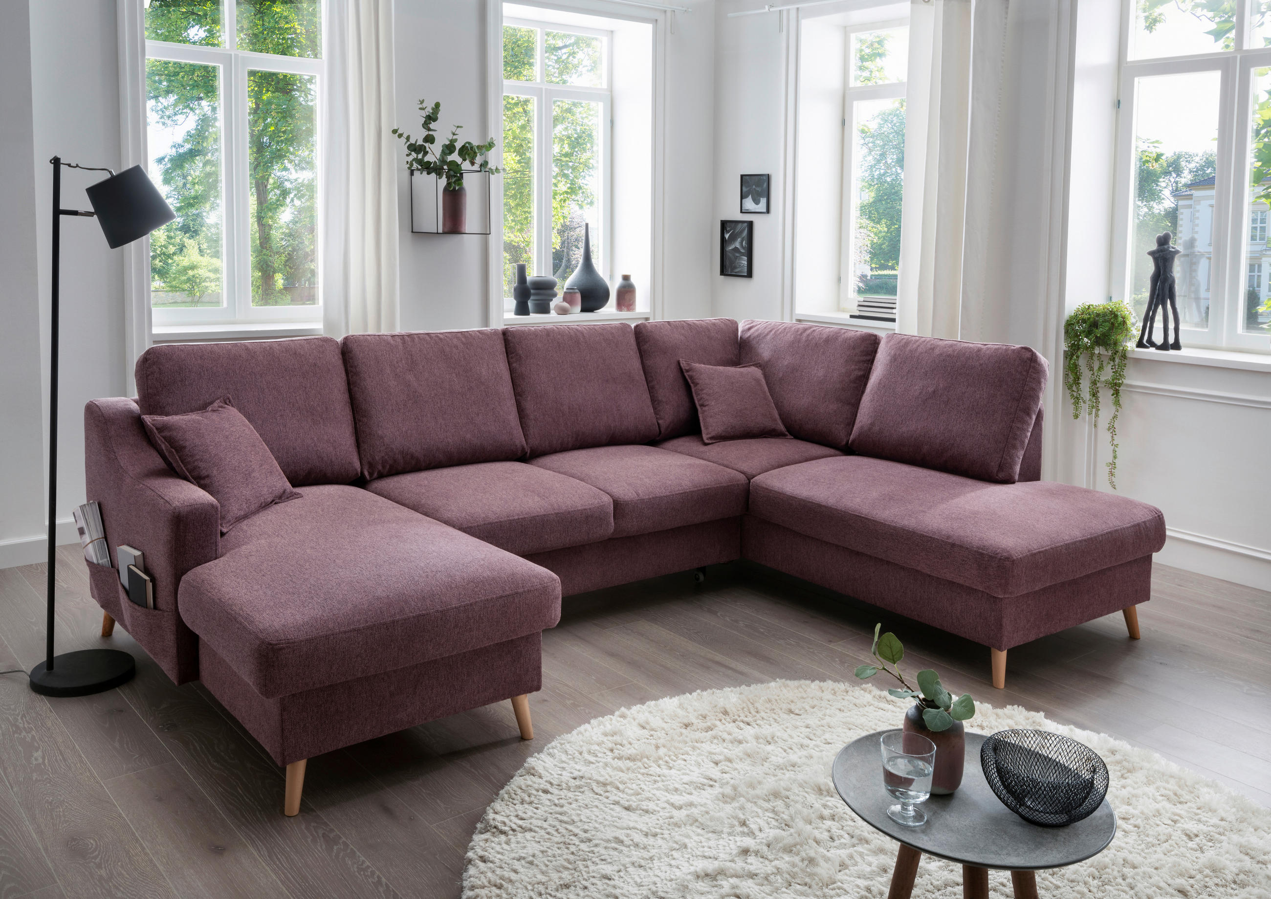 WOHNLANDSCHAFT Bordeaux Struktur  - Bordeaux/Naturfarben, KONVENTIONELL, Holz/Textil (150/301/200cm) - P & B