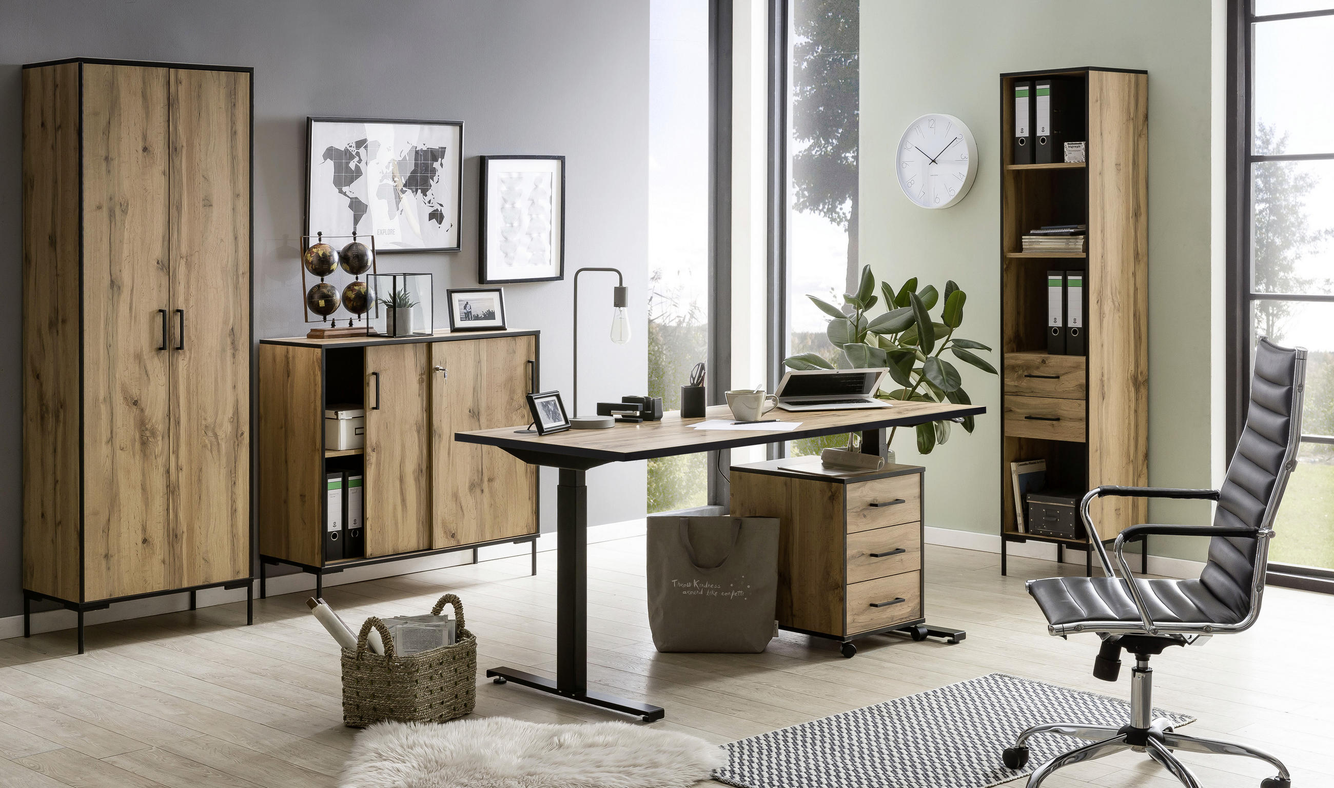 SCHREIBTISCH höhenverstellbar, Kabeldurchlass - Eichefarben/Schwarz, KONVENTIONELL, Holzwerkstoff/Metall (160/70,5-117/75cm) - MID.YOU
