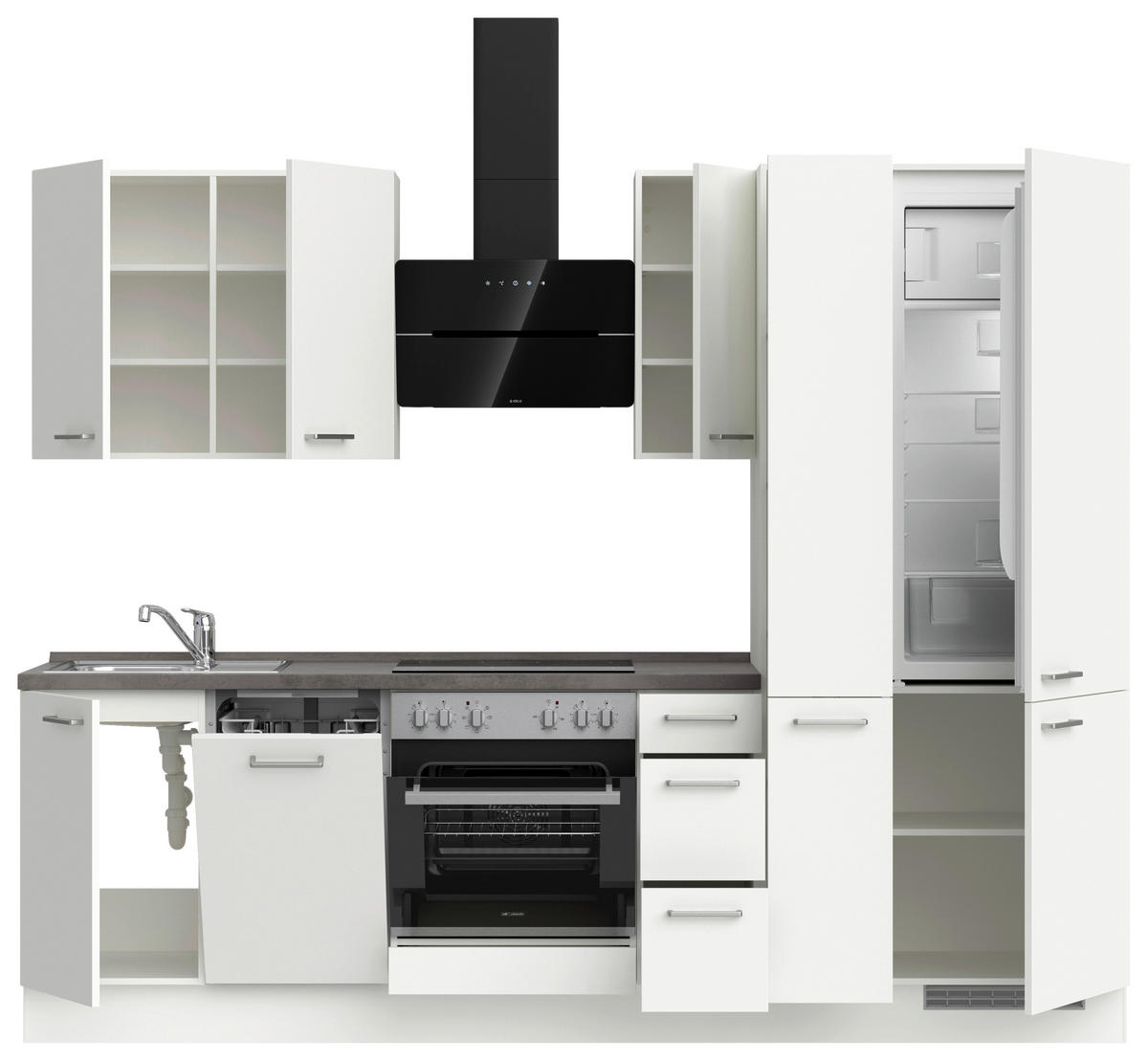 BUCĂTĂRIE FĂRĂ ELECTROCASNICE  - alb/culoare inox, Modern, metal/material pe bază de lemn (270cm) - Nobilia