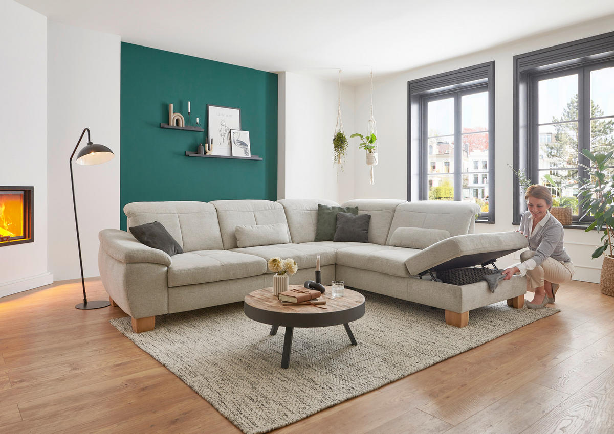 ECKSOFA in Flachgewebe Ecru  - Wildeiche/Ecru, Natur, Holz/Textil (301/243cm) - Voleo