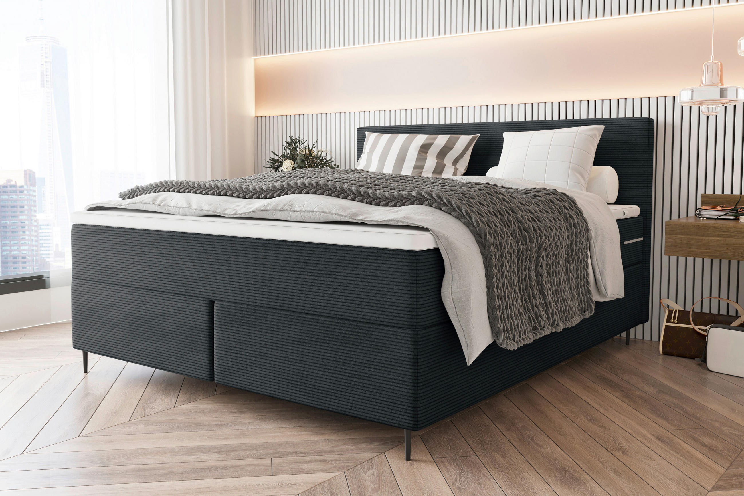 Thumbnail - Boxxx Boxspringbett, Anthrazit, Textil, H3, Höhe ca. 19 cm, 180x200 cm, gepolstertes Kopfteil, Stoffauswahl, Topper durc...