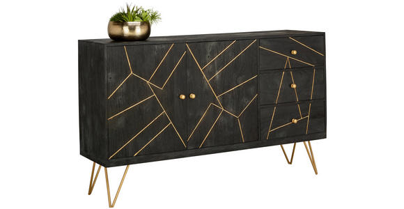 SIDEBOARD Akazie massiv Schwarz, Goldfarben  - Goldfarben/Schwarz, Trend, Holz/Metall (145/88/43cm) - Ambia Home