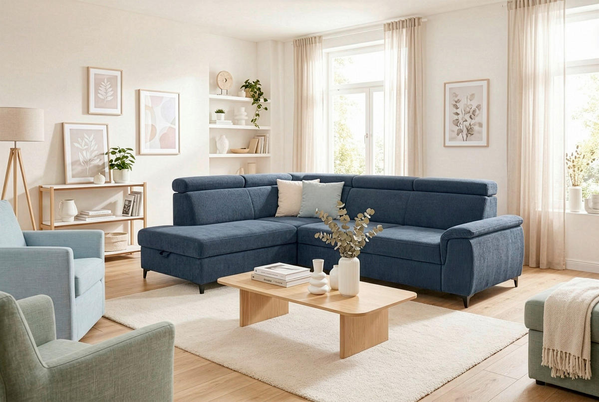 ECKSOFA Dunkelblau Chenille Bettkasten, Schlaffunktion, Rücken echt, Kopfteilverstellung, Liegefläche im Originalstoff  - Schwarz/Dunkelblau, KONVENTIONELL, Textil/Metall (206/265cm) - Carryhome