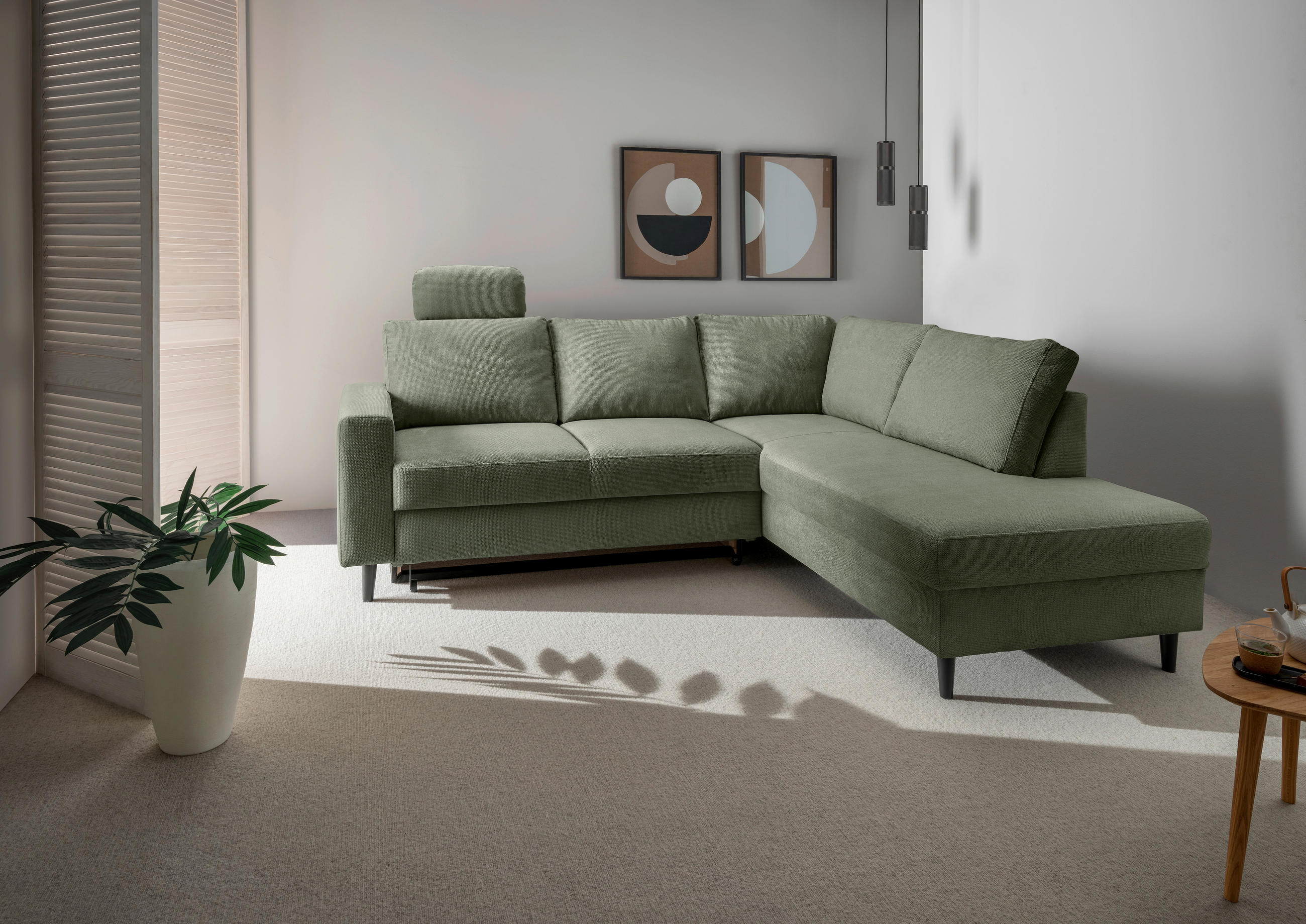 ECKSCHLAFSOFA in Dunkelgrün Textil   - Dunkelgrün/Schwarz, Modern, Holz/Textil (242/200cm) - Livetastic