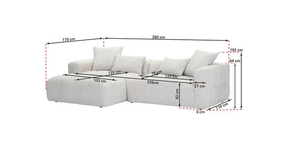 ECKSOFA in Flachgewebe Hellbraun 170/280 cm - Hellbraun/Schwarz, KONVENTIONELL, Kunststoff/Textil (170/280cm) - Carryhome