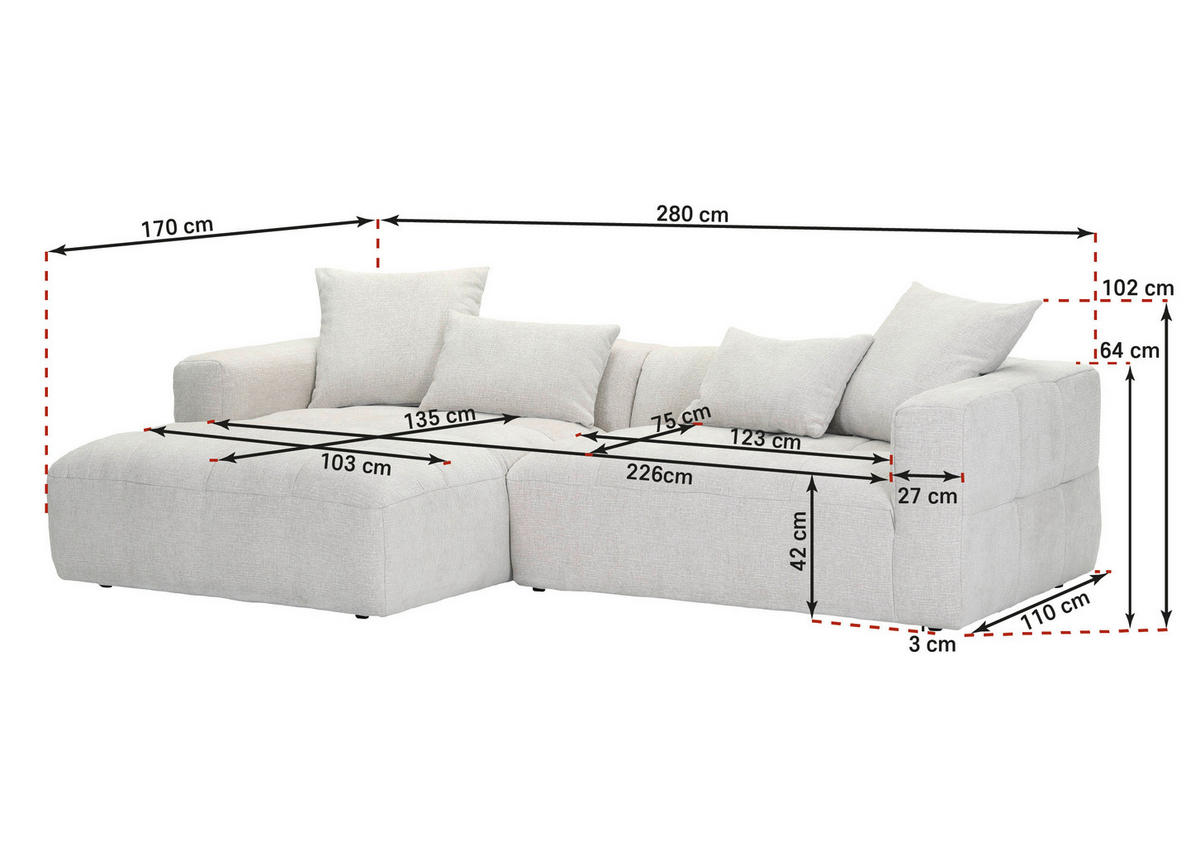 ECKSOFA in Flachgewebe Schwarz  170/280 cm  - Schwarz, KONVENTIONELL, Kunststoff/Textil (170/280cm) - Carryhome