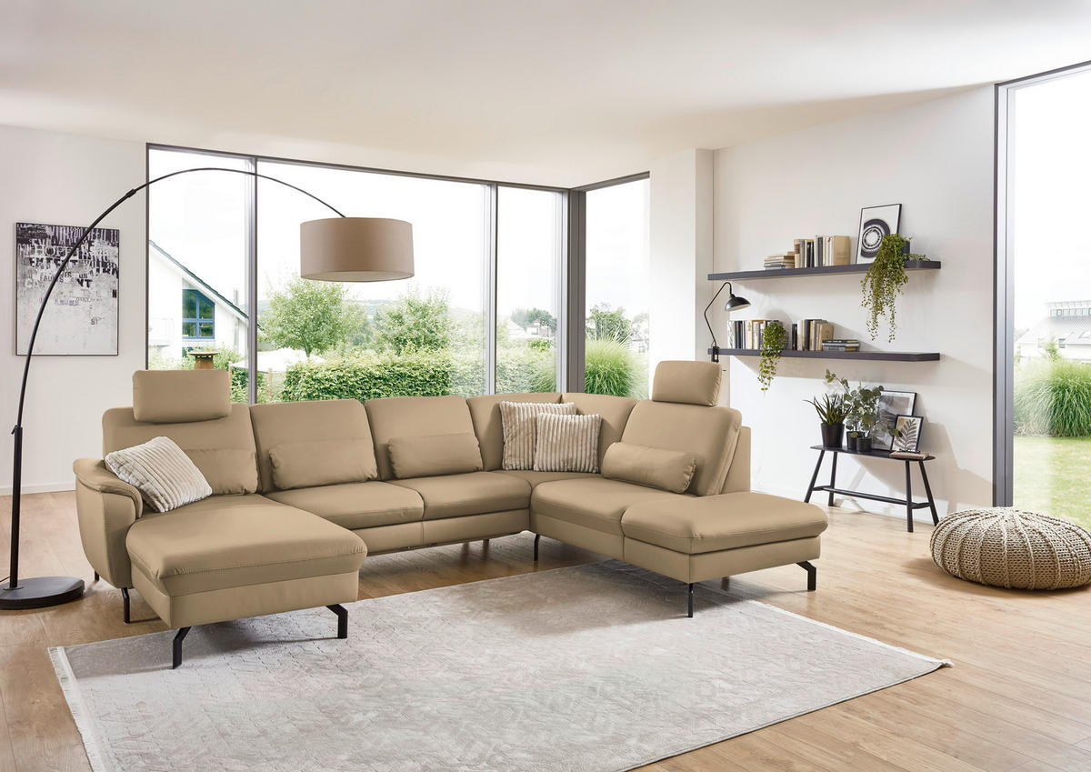 WOHNLANDSCHAFT Beldomo premium in Echtleder Beige  - Beige/Schwarz, KONVENTIONELL, Leder/Metall (168/306/224cm) - Beldomo Premium