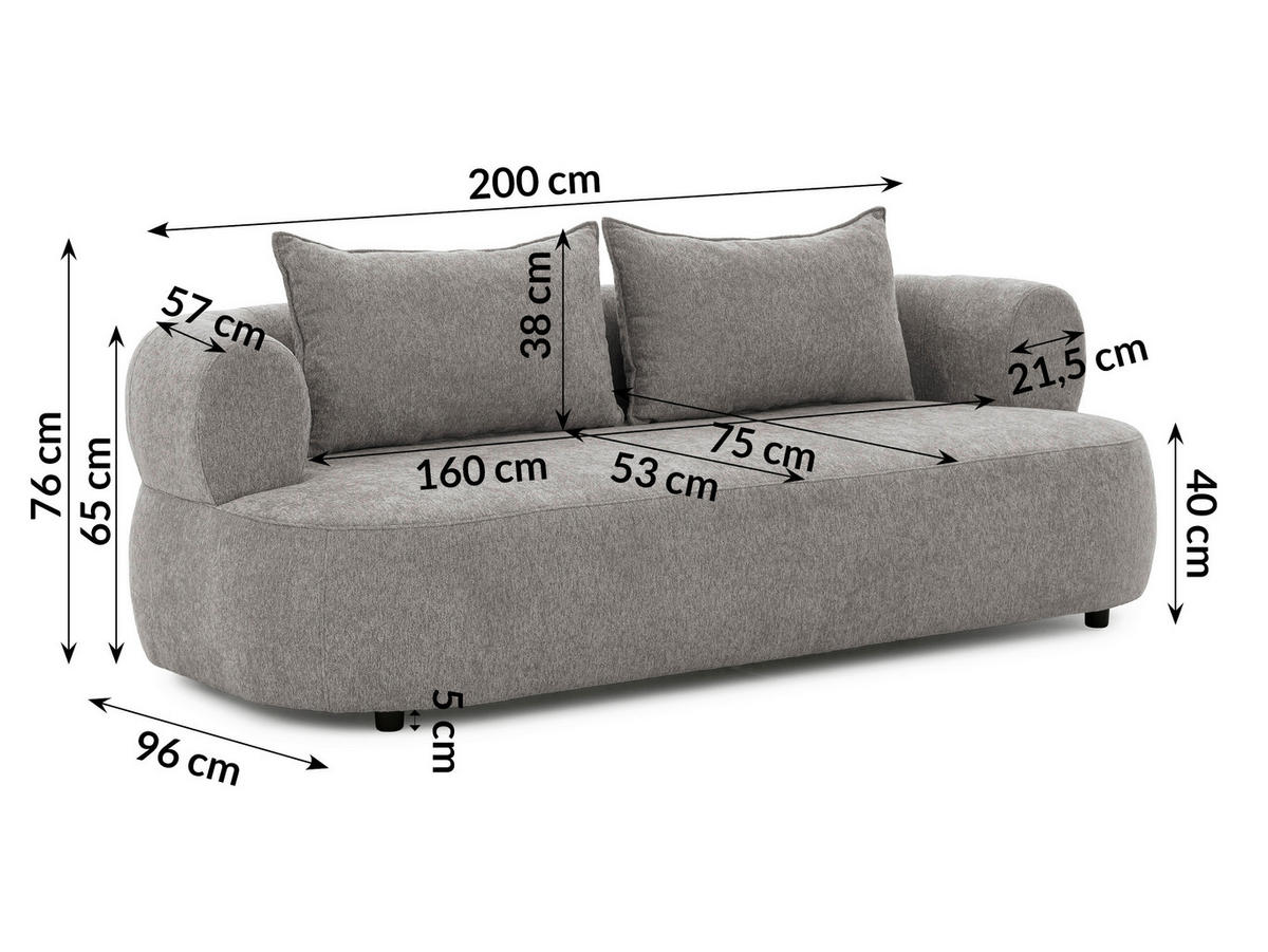 3-SITZER-SOFA in Chenille Grau  - Schwarz/Grau, Design, Kunststoff/Textil (200/76/96cm) - Livetastic