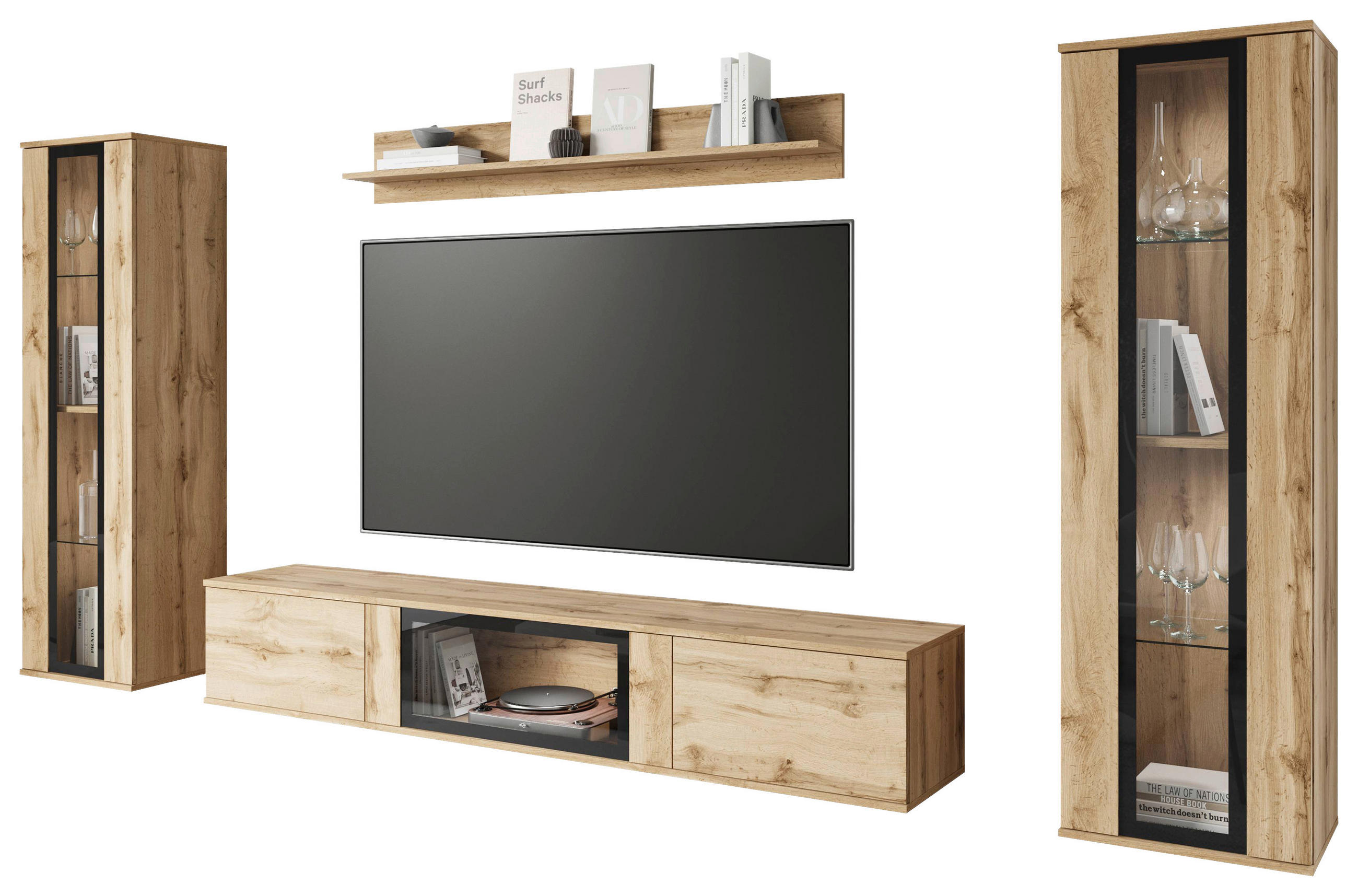 WOHNWAND 4-teilig  in Eiche Wotan  262/141,9/33 cm  - Eiche Wotan/Schwarz, Trend, Glas/Holzwerkstoff (262/141,9/33cm) - Livetastic