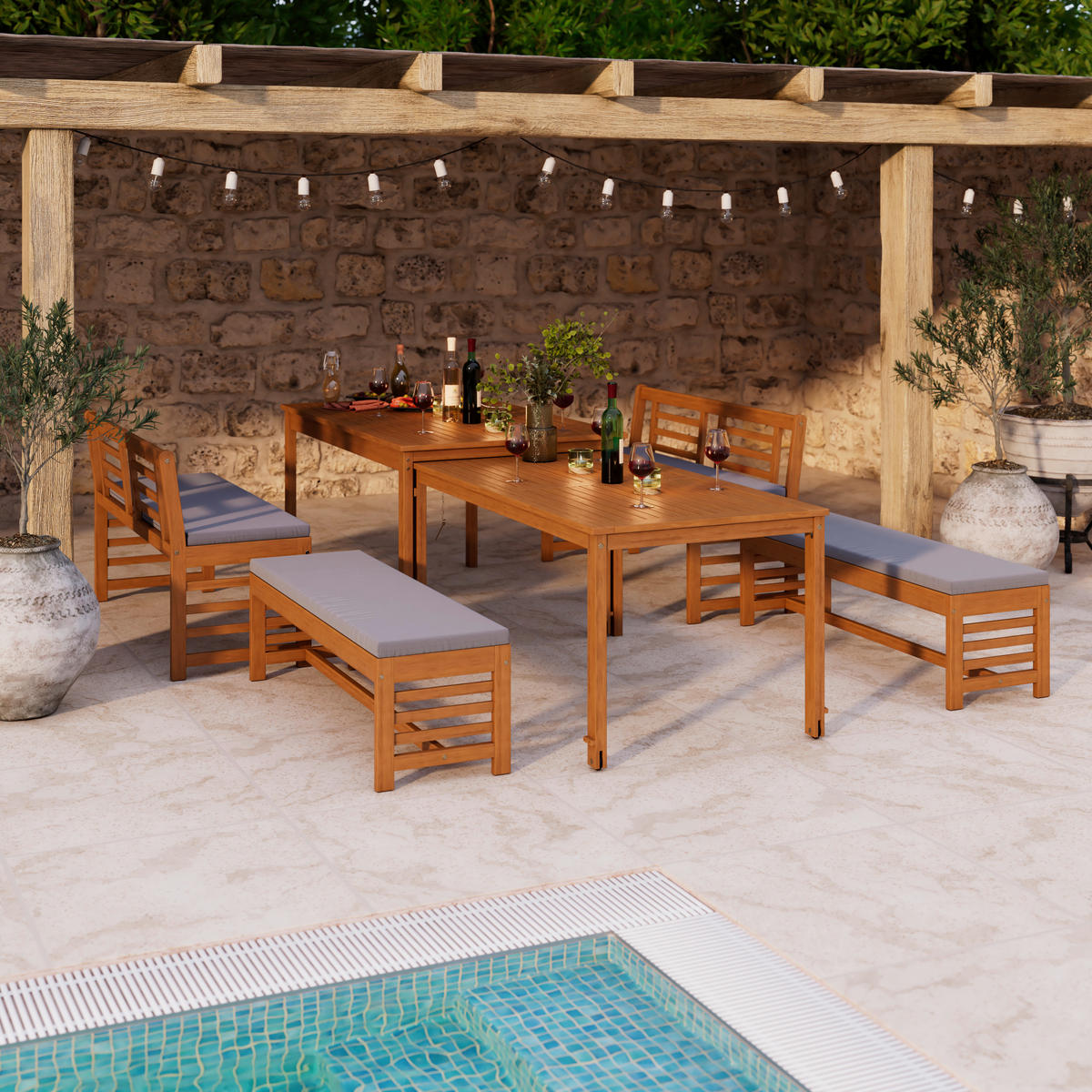 GARTENMÖBEL-SET  6-teilig  - Grau/Akaziefarben, Natur, Holz (150/300/90/79cm) - Ambia Garden