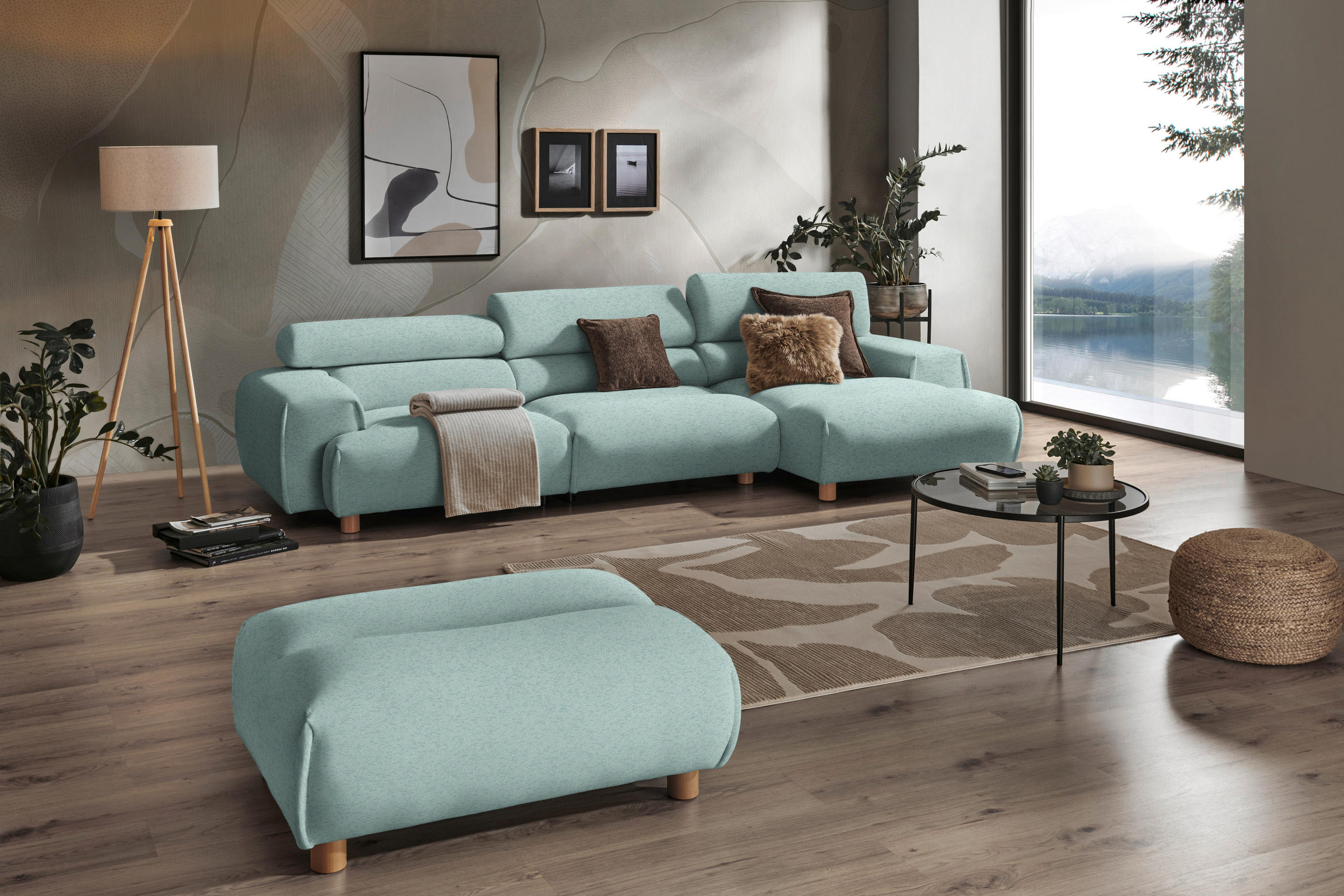 ECKSOFA in Velours Mintgrün  - Buchefarben/Mintgrün, Design, Holz/Textil (329/150cm) - Lomoco