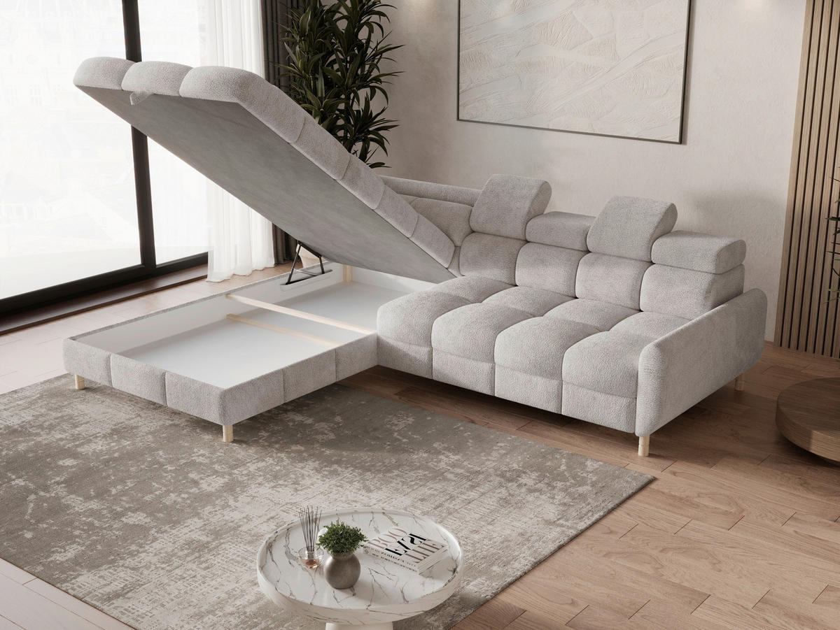 ECKSOFA BUN in Bouclé Hellgrau  - Elfenbein/Hellgrau, Design, Holz/Textil (209/276cm) - MID.YOU