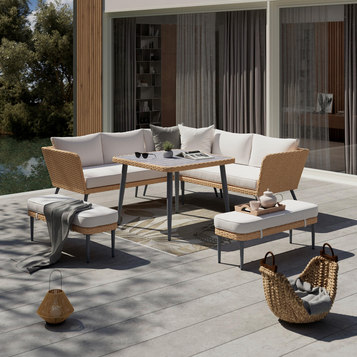 JEDÁLENSKÁ TERASOVÁ SÚPRAVA 6-dielne, kov, plast, textil - prírodná farba/svetlosivá, Modern, kov/textil - Ambia Garden