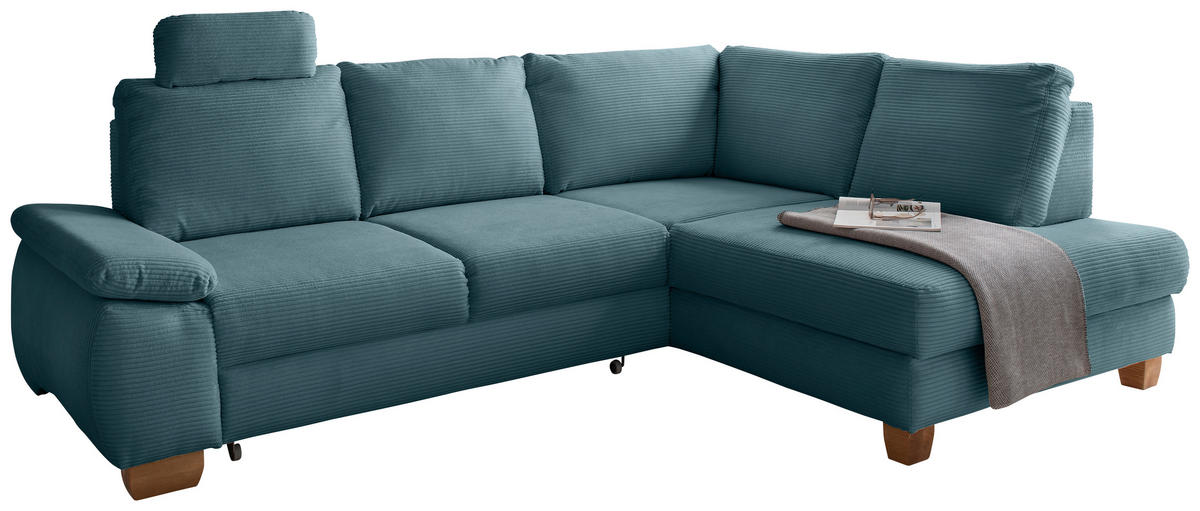 ECKSCHLAFSOFA in Cord Petrol  - Wildeiche/Petrol, Modern, Holz/Textil (261/206cm) - Livetastic