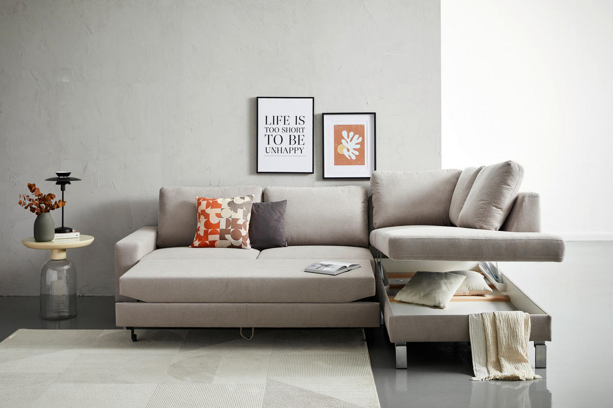 ECKSOFA in Flachgewebe Hellgrau  - Chromfarben/Hellgrau, Design, Textil/Metall (276/200cm) - Hom`in