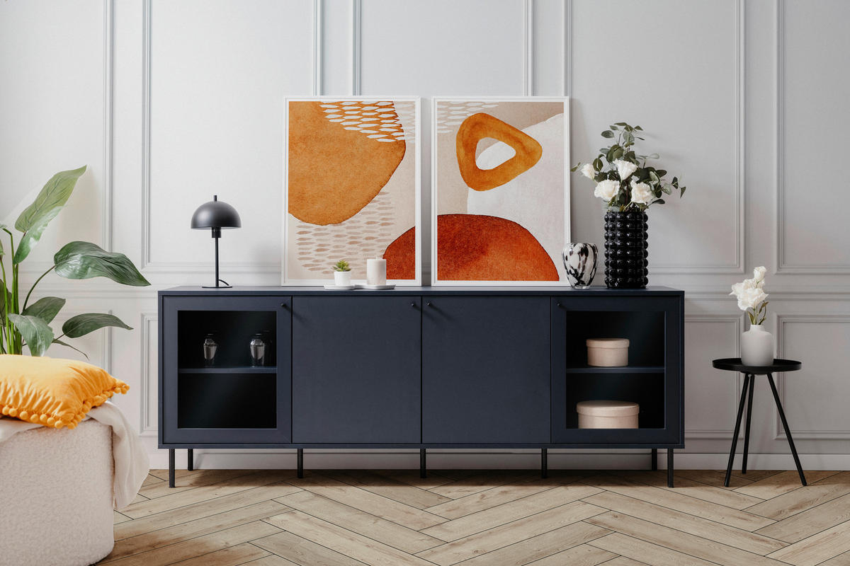 KOMODA - NISKA   180/68/40 cm   plava   - crna/plava, Moderno, staklo/drvni materijal (180/68/40cm) - MID.YOU