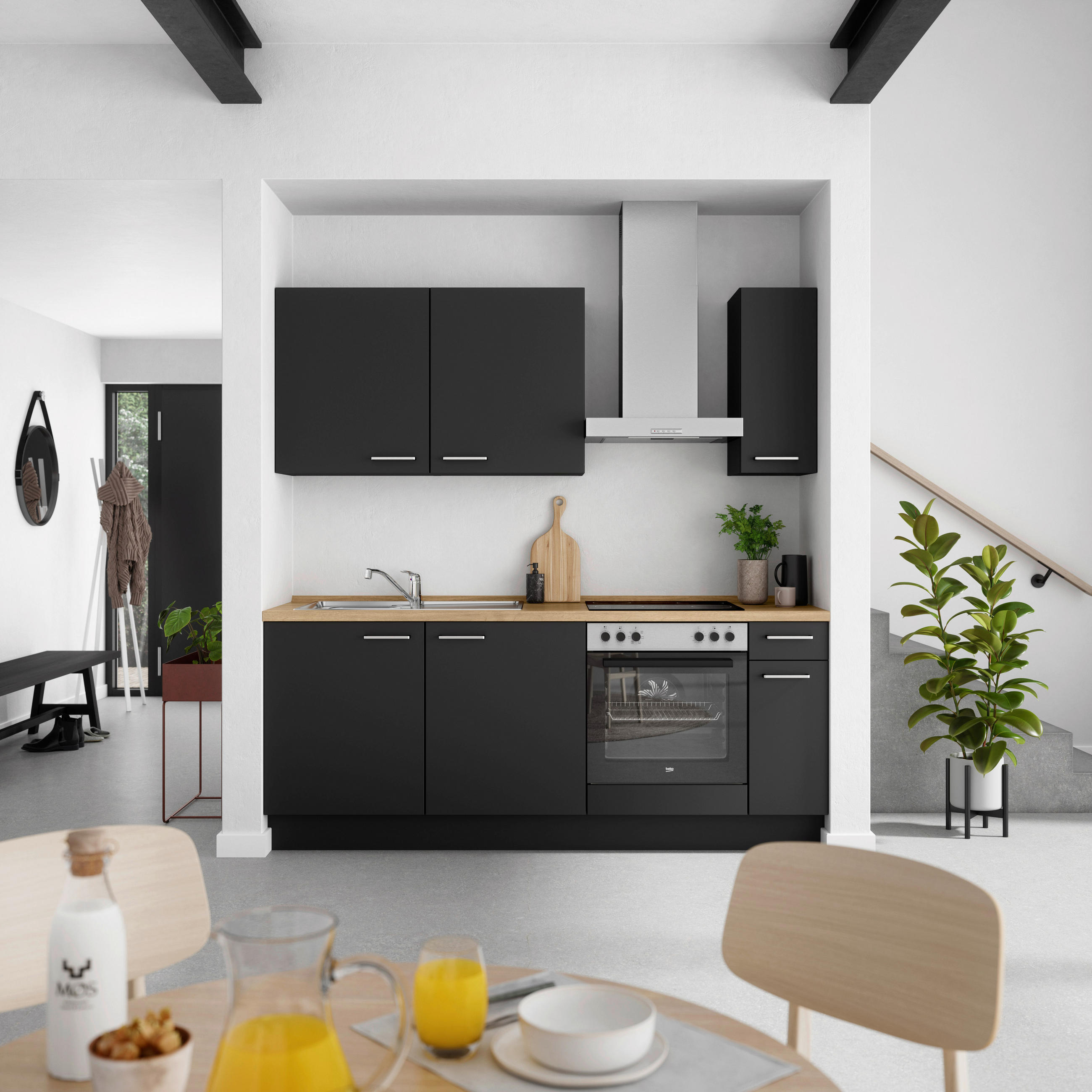 KÜCHENBLOCK 210 cm   in Schwarz, Eichefarben  - Edelstahlfarben/Eichefarben, MODERN, Holzwerkstoff/Metall (210cm) - Nobilia