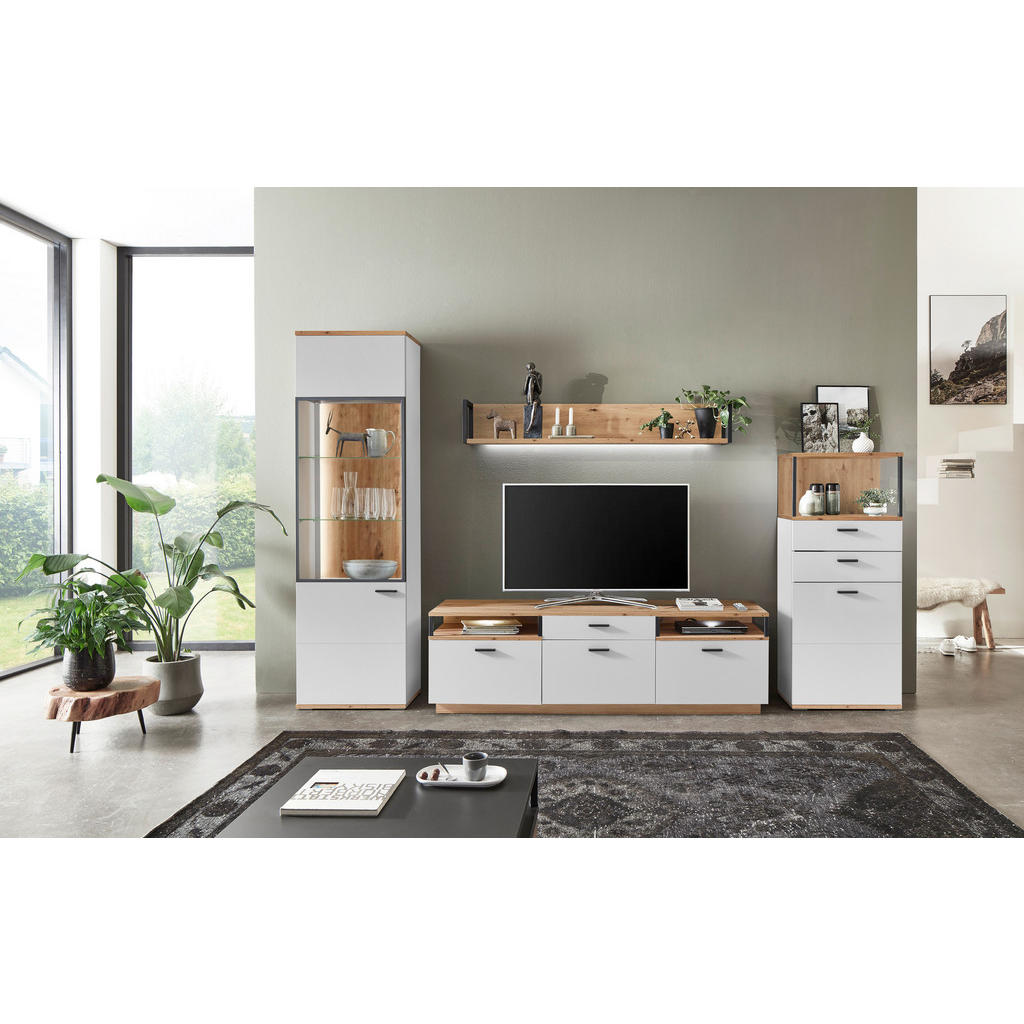 Thumbnail - home24 Vitrine Basset, Schwarz, Weiß, Eiche Artisan, Glas, Holzwerkstoff, 5 Fächer, 60x206x37 cm, Typenauswahl, Beimöbel...