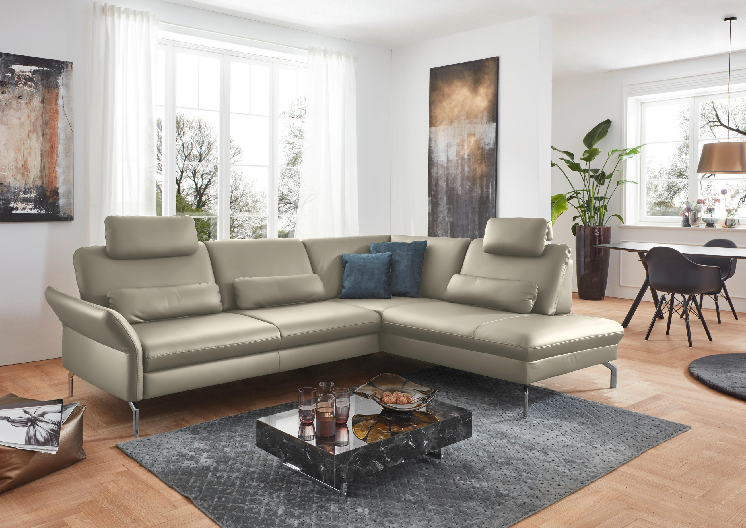 ECKSOFA in Echtleder Ecru  - Ecru/Alufarben, Konventionell, Leder/Metall (284/220cm) - Beldomo Premium