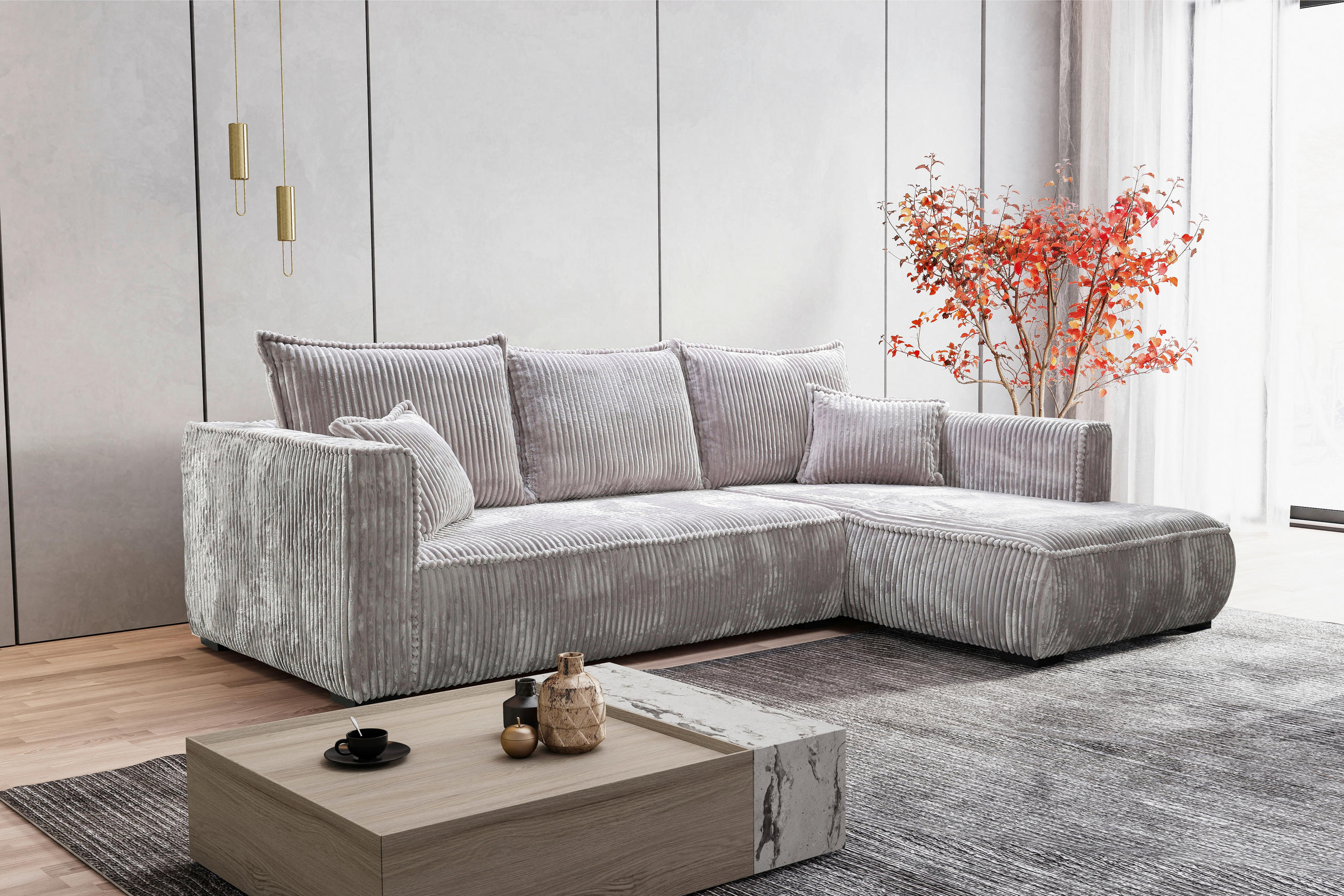 ECKSOFA in Cord Hellgrau  - Hellgrau/Schwarz, Modern, Holz/Textil (322/208cm) - MID.YOU
