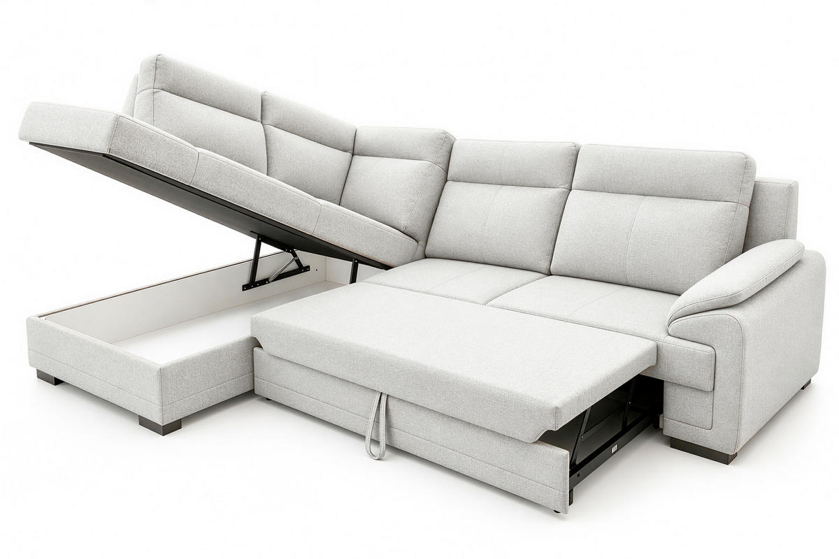 ECKSOFA ALTONA Hellgrau Flachgewebe Bettkasten, Schlaffunktion, Stauraum  - Hellgrau/Schwarz, Basics, Holz/Kunststoff (272/207cm) - MID.YOU