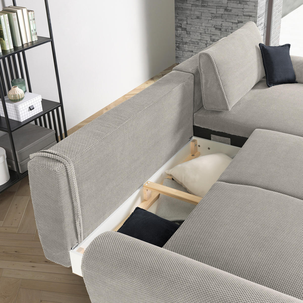 ECKSOFA in Webstoff Kaschmir  - Kaschmir/Schwarz, Design, Textil/Metall (272/170cm) - Welnova