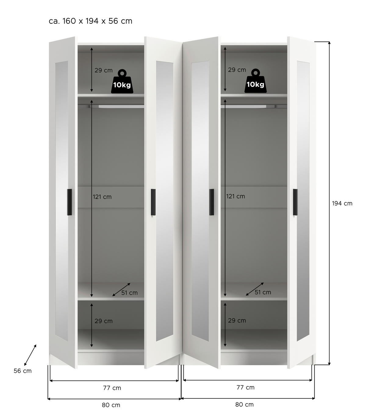 DREHTÜRENSCHRANK 160/194/56 cm,  in Weiß, 4 Tür(en)-türig  - Schwarz/Weiß, ROMANTIK / LANDHAUS, Holzwerkstoff/Kunststoff (160/194/56cm) - Livetastic