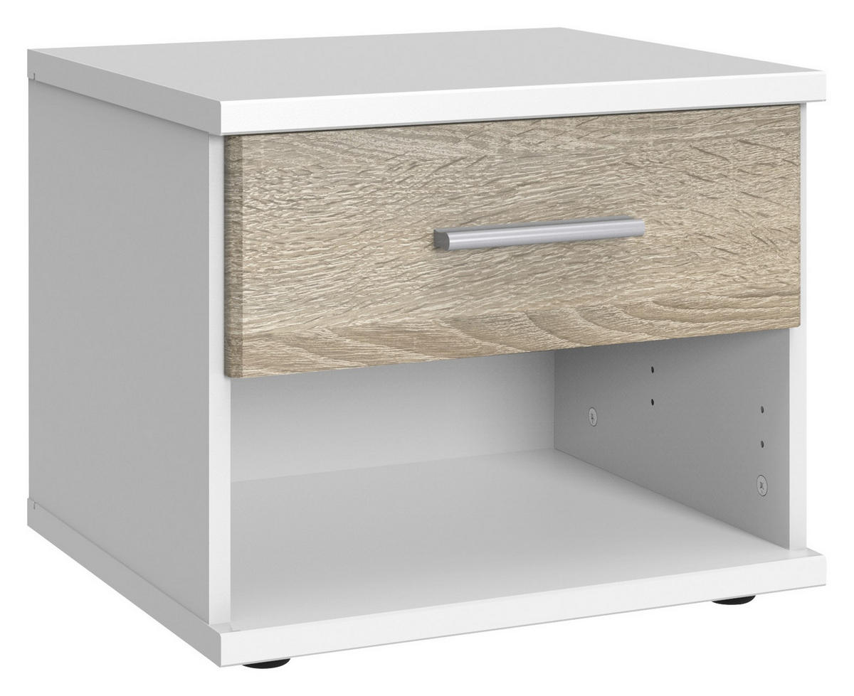 SÄNGBORD i vit, ekfärgad  - vit/aluminiumfärg, Klassisk, trämaterial/plast (46/38/40cm) - Carryhome