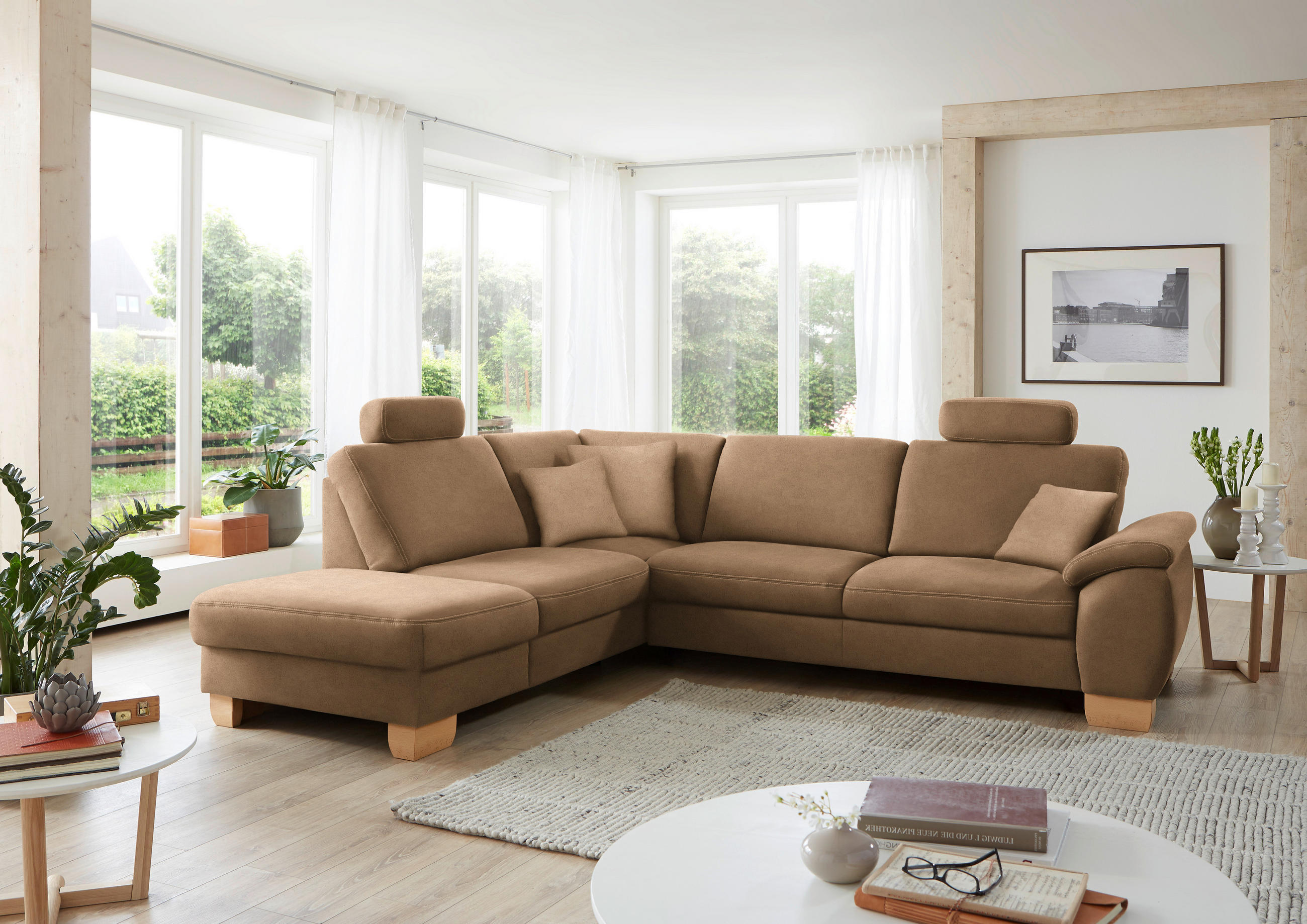 ECKSOFA in Mikrofaser Sandfarben  - Sandfarben/Wildeiche, Konventionell, Holz/Textil (236/286cm) - Voleo