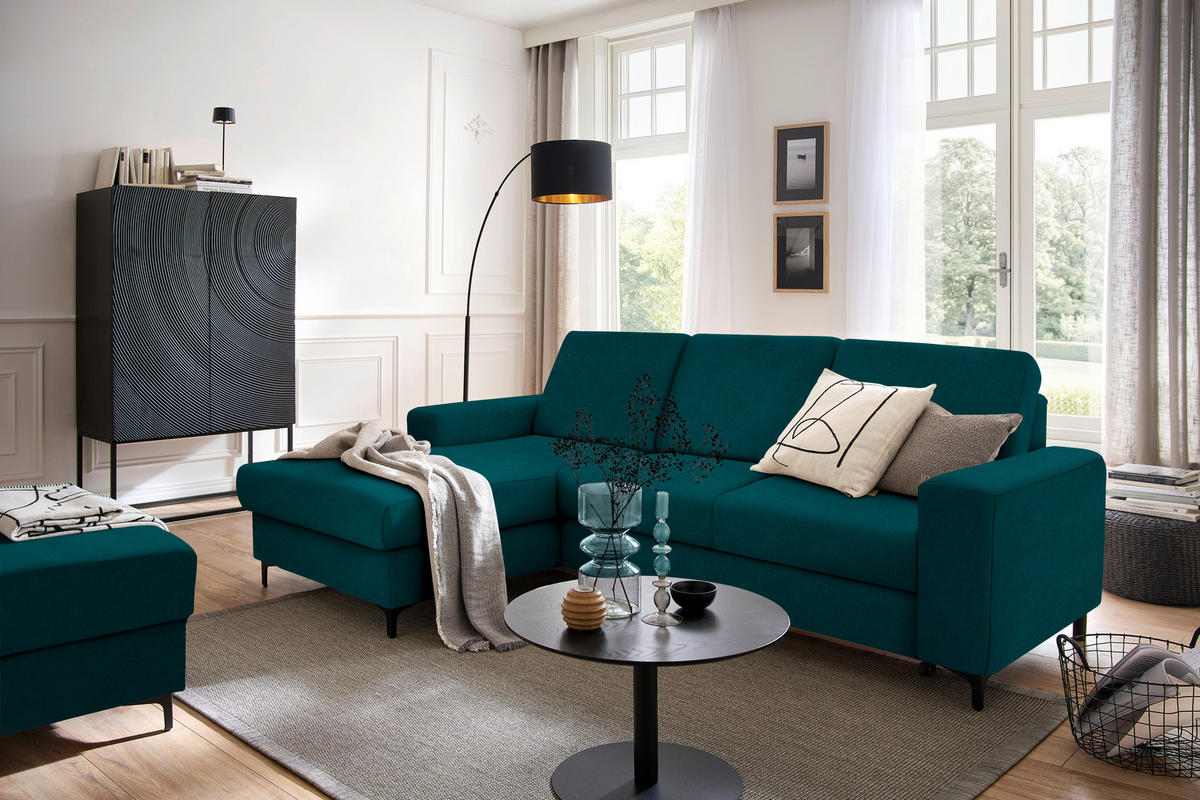 ECKSOFA in Velours Petrol  - Petrol/Schwarz, Konventionell, Textil/Metall (167/247cm) - Stylife