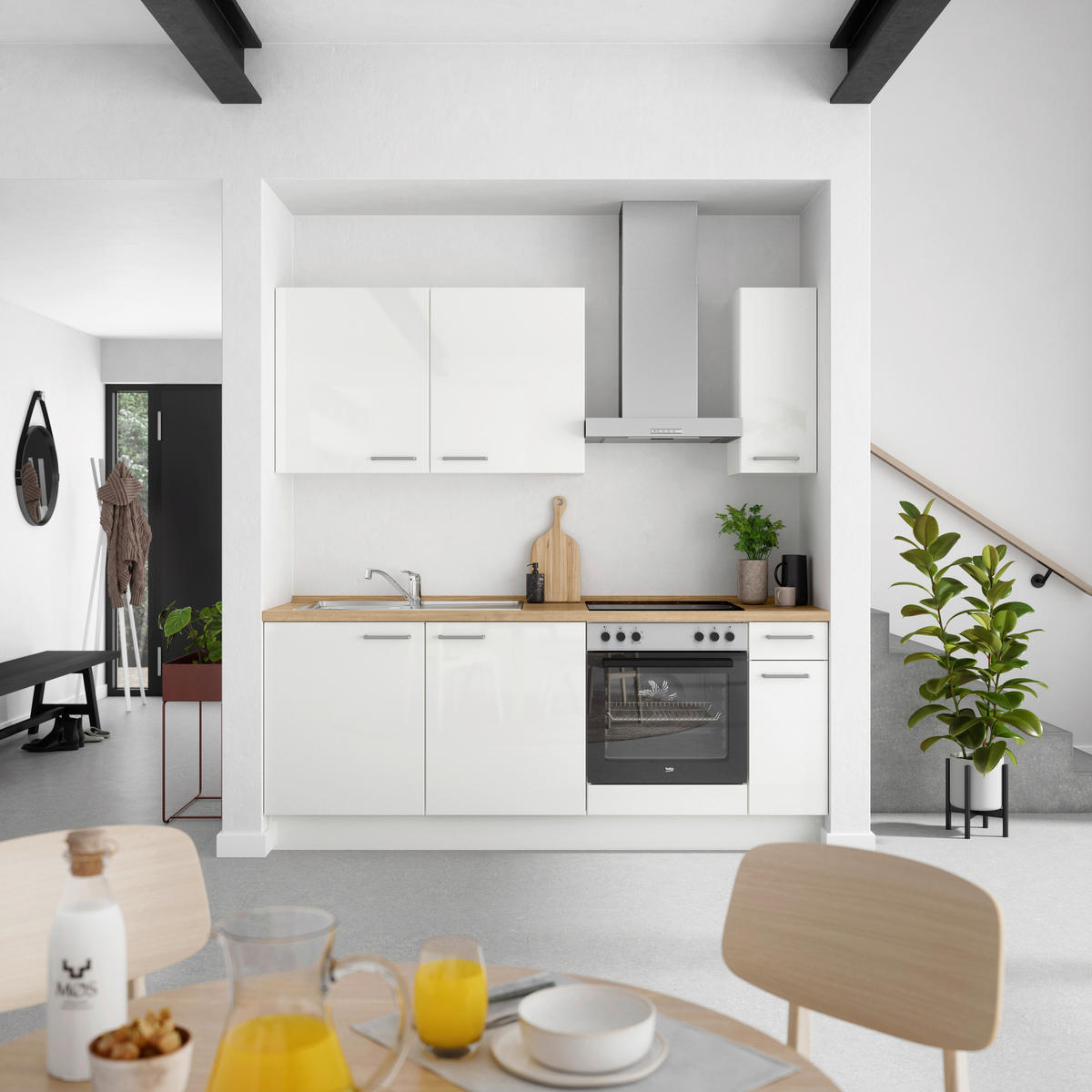 KÜCHENLEERBLOCK 210 cm   in Eichefarben, Weiß Hochglanz  - Edelstahlfarben/Eichefarben, MODERN, Holzwerkstoff/Metall (210cm) - Nobilia