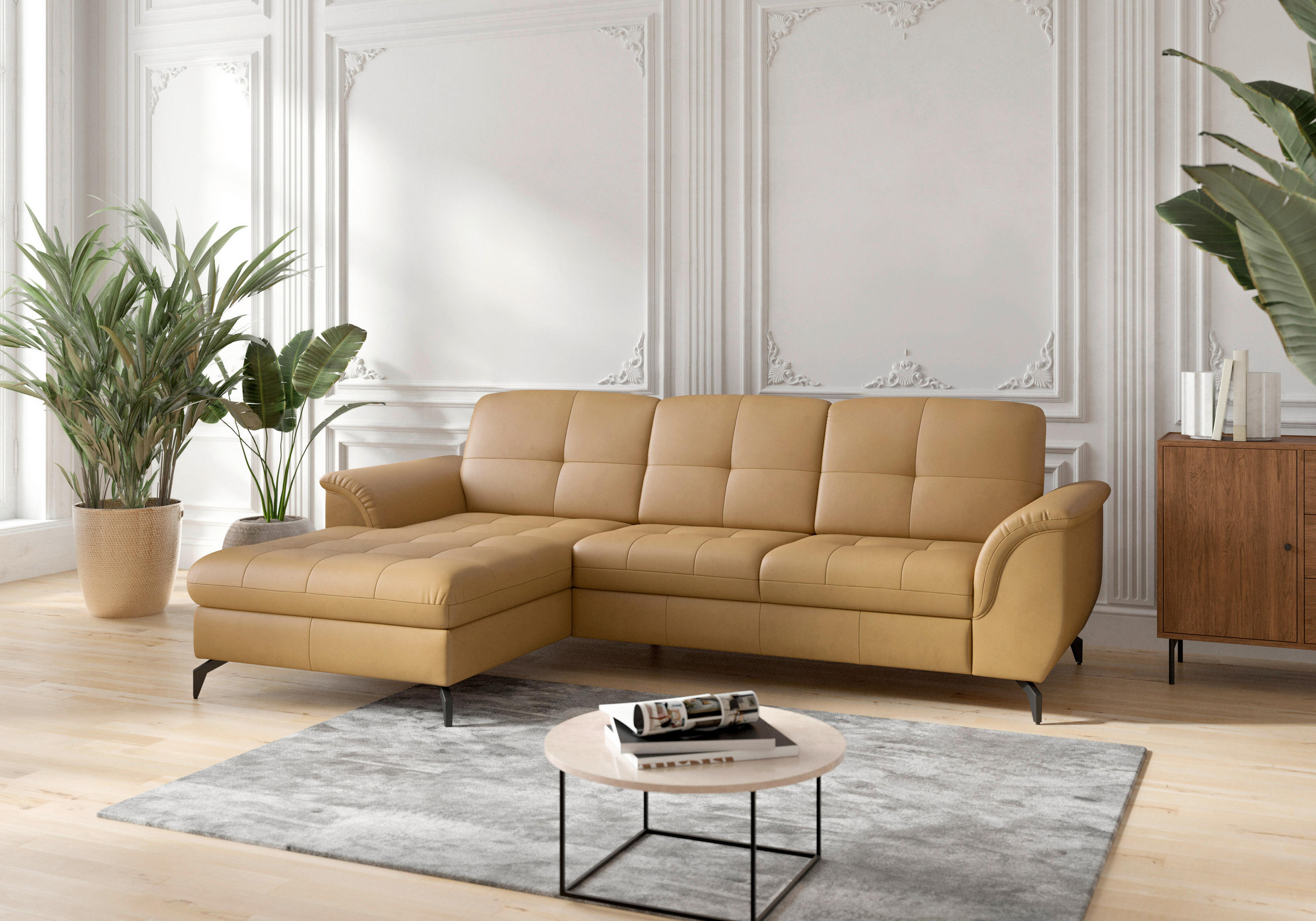 ECKSOFA in Echtleder Currygelb  164/262 cm  - Currygelb/Schwarz, MODERN, Leder/Metall (164/262cm) - Sit & More