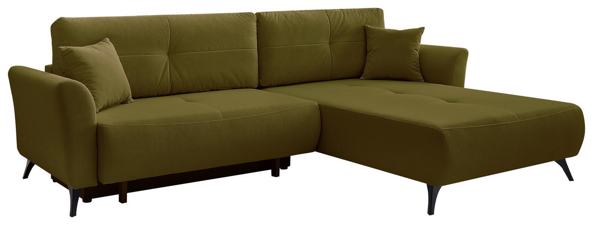 ECKSOFA GEMMA Grün Flachgewebe Zierkissen, Rückenkissen, Bettkasten, Schlaffunktion, Rücken echt, Stauraum  - Schwarz/Grün, Design, Textil/Metall (270/183cm) - P & B