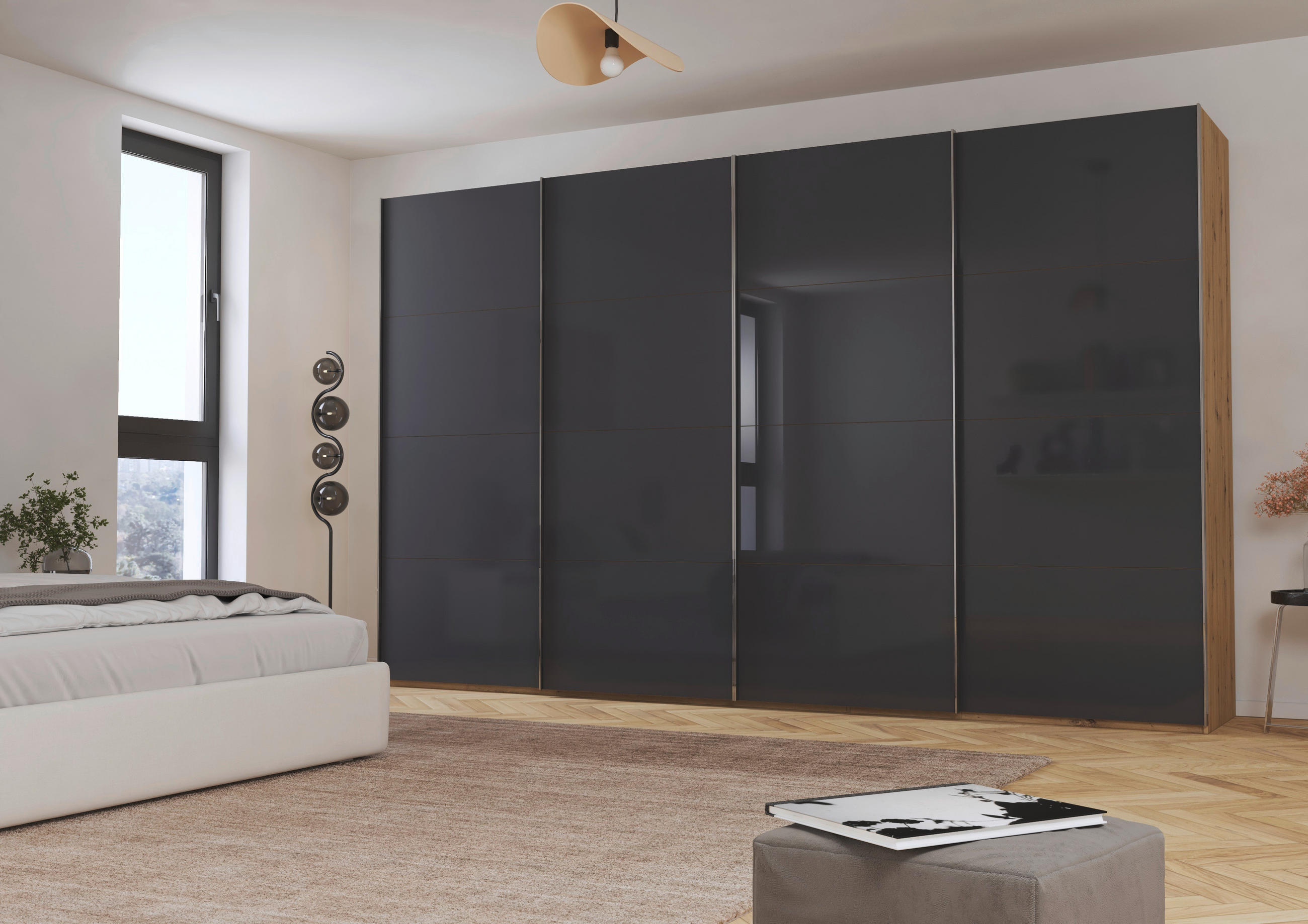 SCHWEBETÜRENSCHRANK 361/223/68 cm 4-türig Schwarz, Eiche Artisan  - Chromfarben/Schwarz, Design, Glas/Holzwerkstoff (361/223/68cm) - Novel