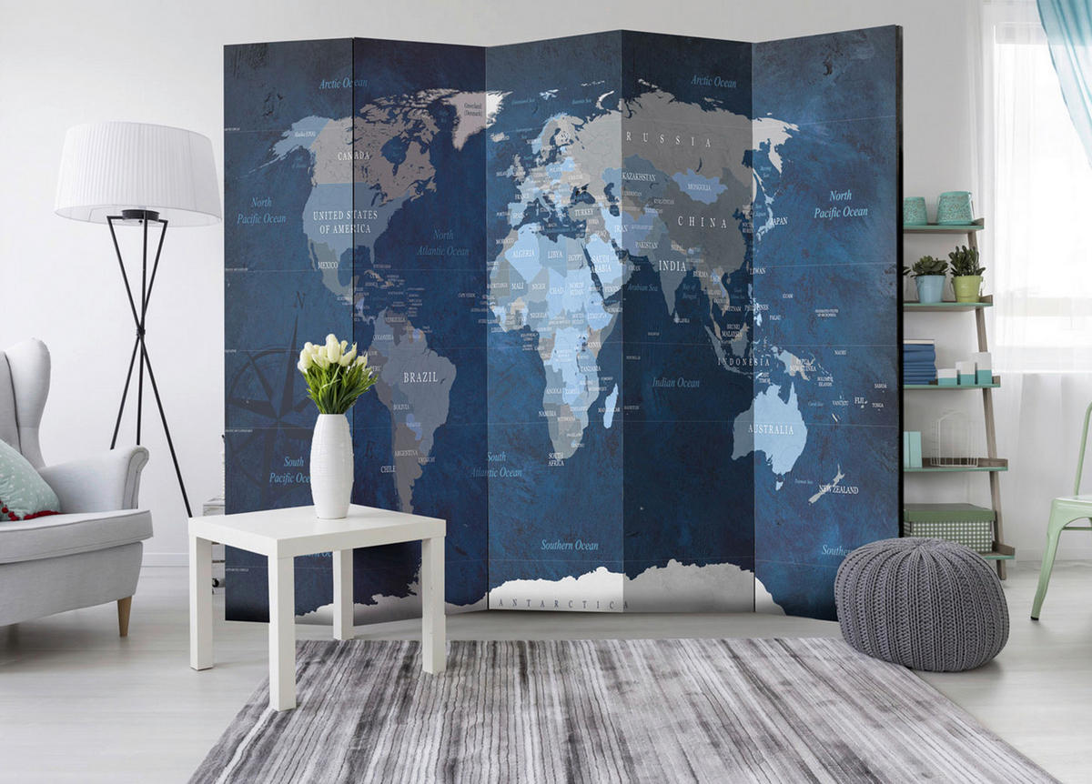 PARAVENT mit 5  Flügel - Blau/Grau, Basics, Holz/Textil (225cm) - artgeist