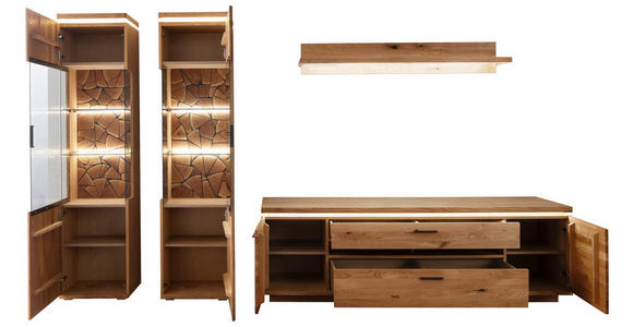 WOHNWAND 4-teilig  in Grau, Eichefarben  340/204/50 cm  - Eichefarben/Anthrazit, Natur, Glas/Holz (340/204/50cm) - Linea Natura