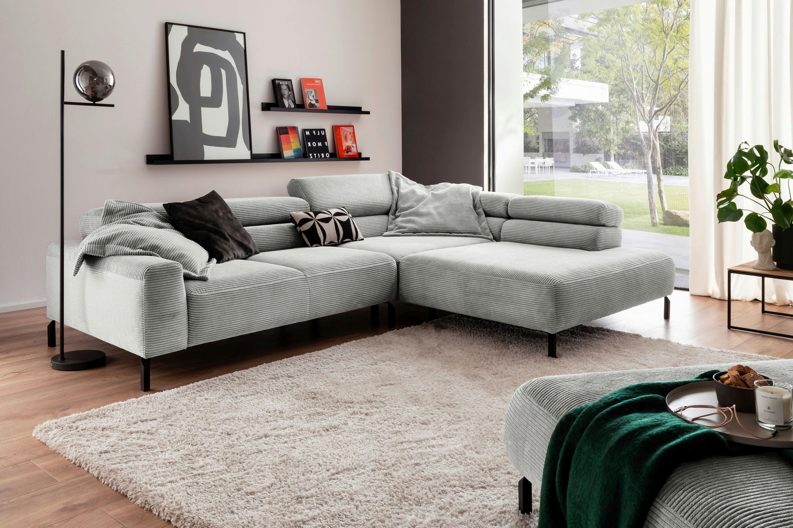 ECKSOFA inkl. Funktion Hellgrau Cord  - Hellgrau/Schwarz, MODERN, Textil/Metall (309/219cm) - Pure Home Lifestyle
