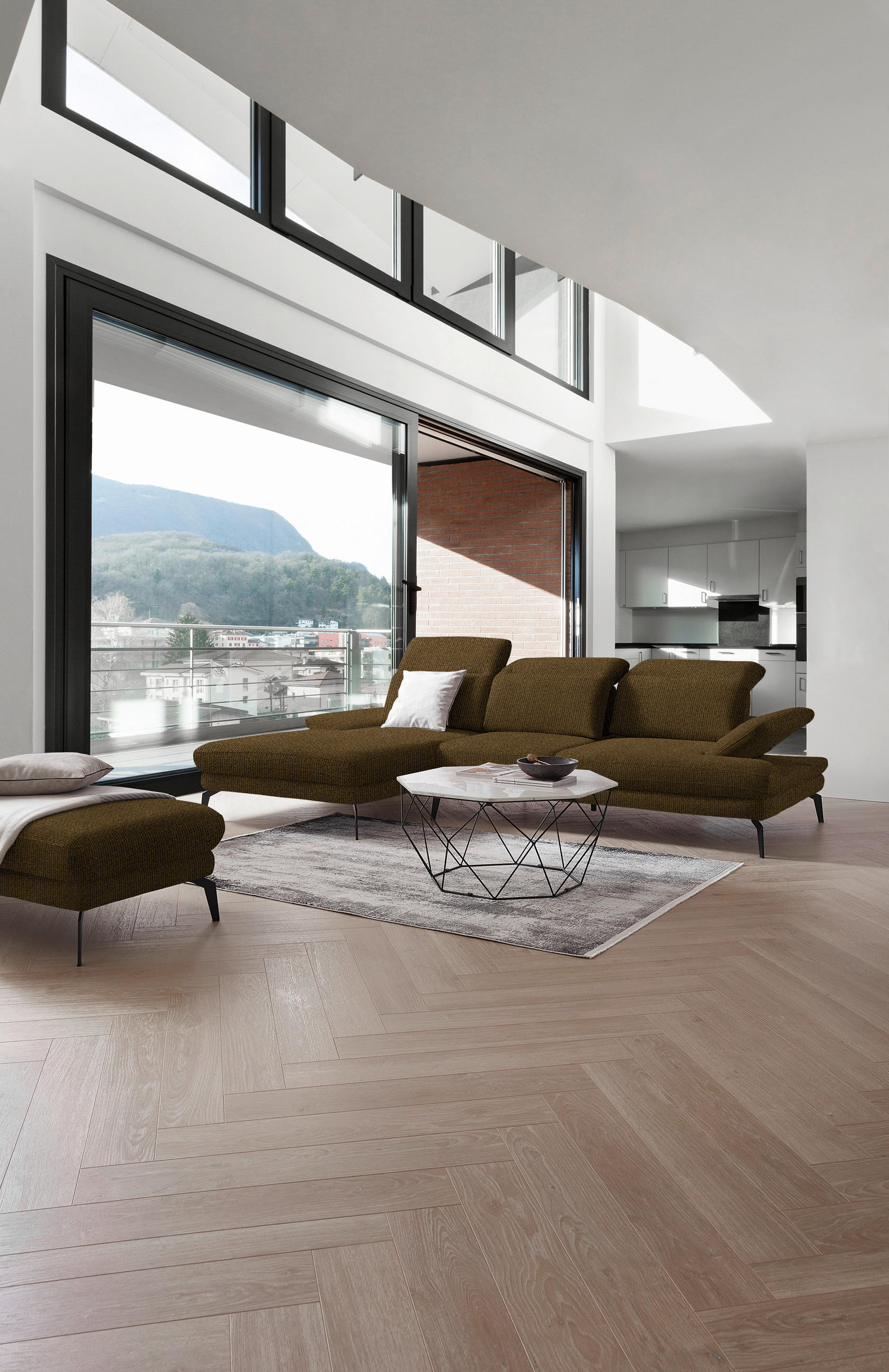 ECKSOFA in Webstoff Messingfarben  - Messingfarben/Schwarz, Design, Textil/Metall (180/289cm) - Stylife