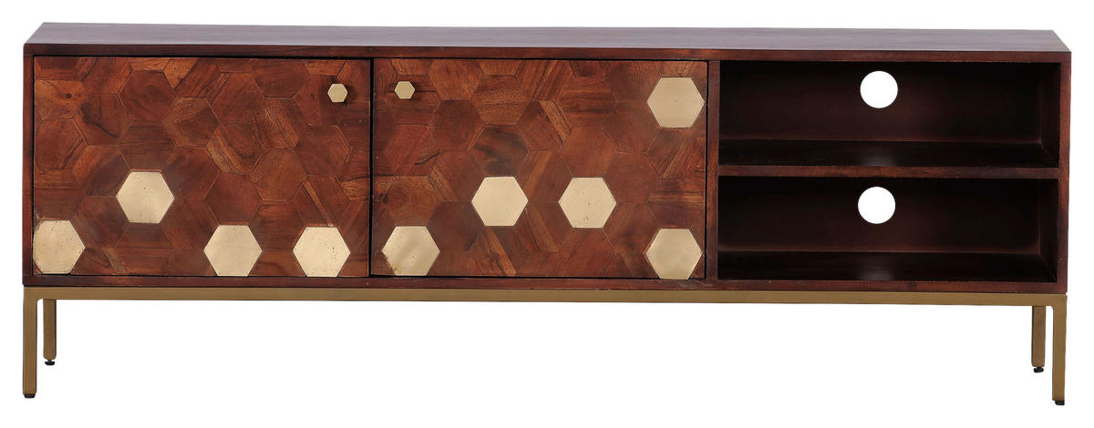 LOWBOARD Hexagon  in 150/50/40 cm  - Messingfarben/Akaziefarben, Design, Holz/Metall (150/50/40cm)