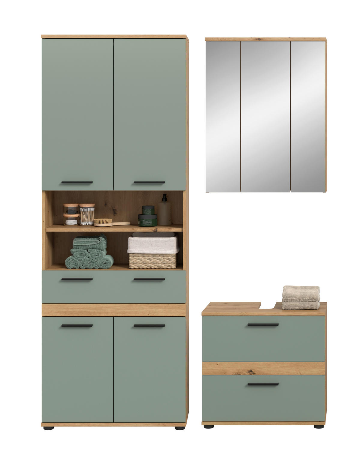 BADEZIMMER 3-teilig  in 145 cm  - Salbeigrün/Schwarz, Trend, Glas/Holzwerkstoff (145cm) - MID.YOU