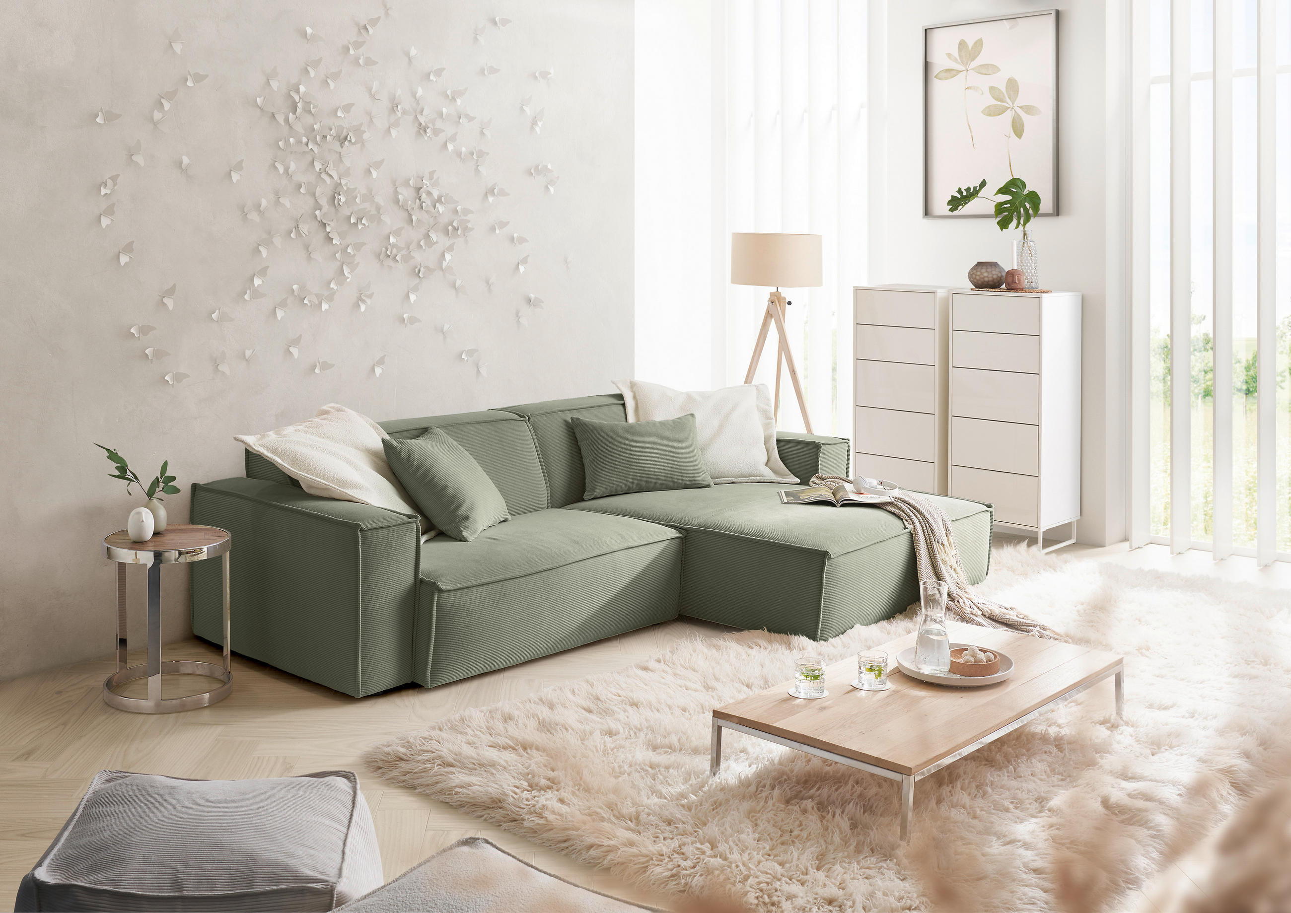 ECKSOFA in Feincord Olivgrün  - Schwarz/Olivgrün, Konventionell, Kunststoff/Textil (276/168cm) - Hom`in