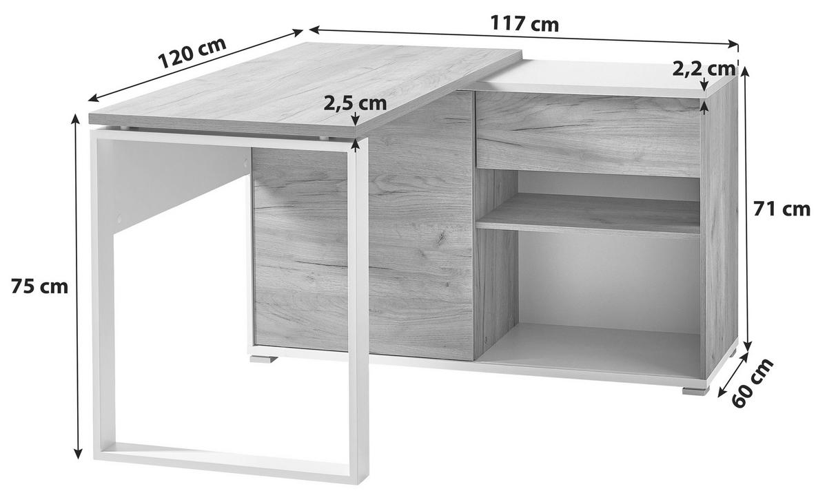 ECKSCHREIBTISCH 120/75/117 cm  in Eichefarben, Weiß  - Eichefarben/Weiß, Design, Holzwerkstoff/Metall (120/75/117cm) - Germania