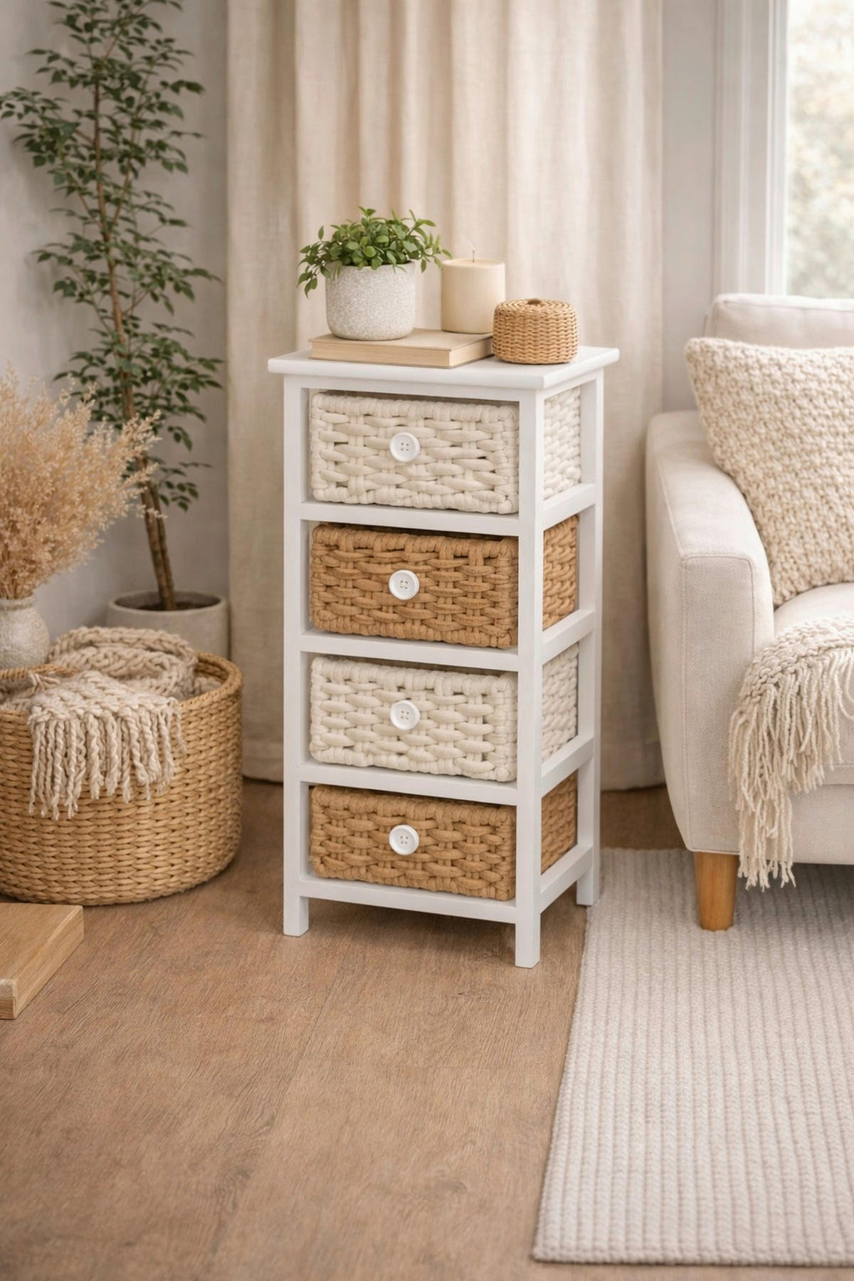 KOMMODE , , 4 Schublade(n)  - Creme/Braun, Design, Holz/Textil (25/30/74cm) - MID.YOU