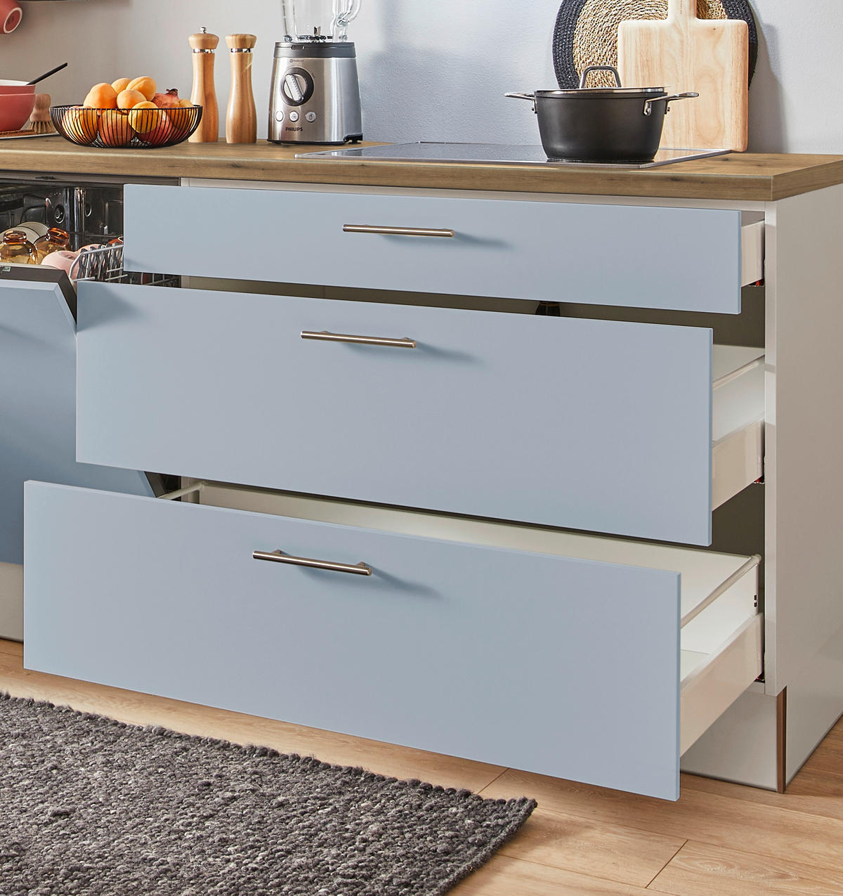 KÜCHENBLOCK PN 105 360 cm  in Eichefarben, Kaschmir, Pastellblau  - Kaschmir/Edelstahlfarben, Design, Holzwerkstoff/Metall (360cm) - Pino