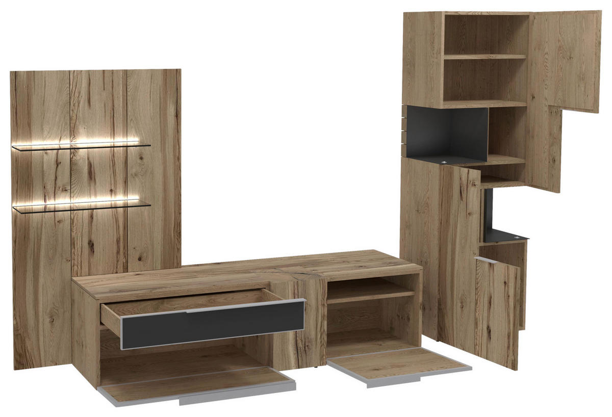 WOHNWAND  in Anthrazit, Eichefarben  306/194/58,3 cm  - Edelstahlfarben/Eichefarben, Design, Glas/Holz (306/194/58,3cm) - Voglauer